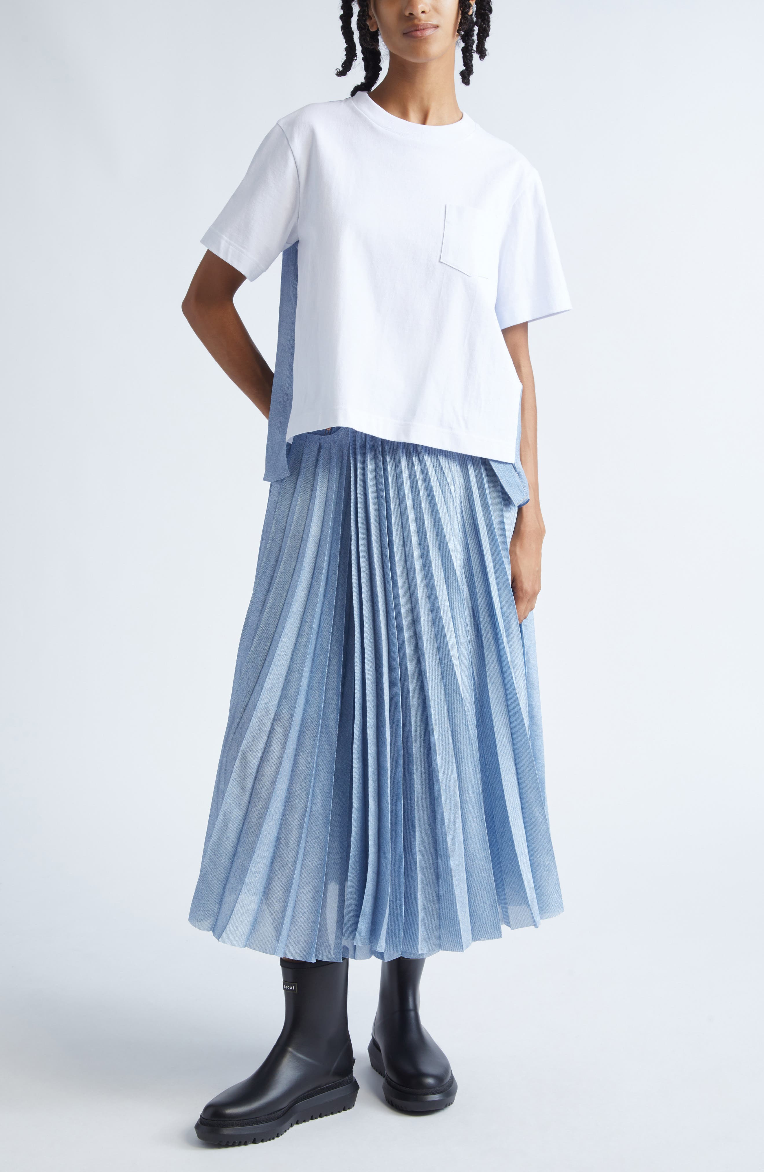 Sacai Mixed Media Jersey & Denim Pocket T-Shirt in Off White/Light Blue at Nordstrom - 2
