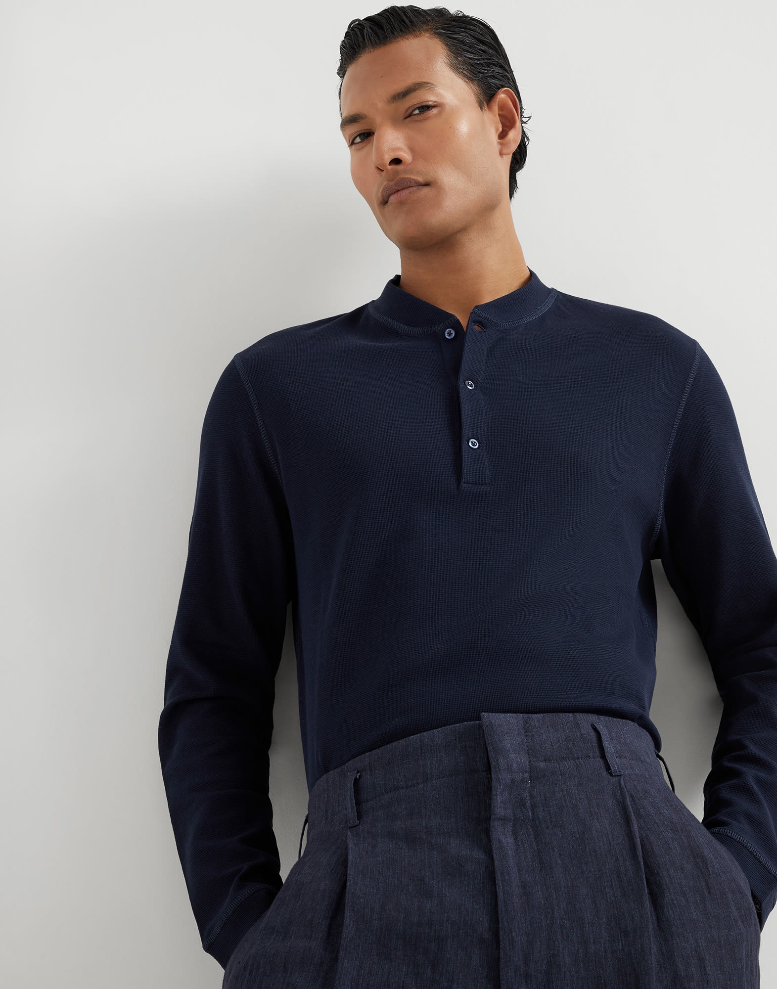Cotton waffle jersey long sleeve T-shirt with Henley collar - 4