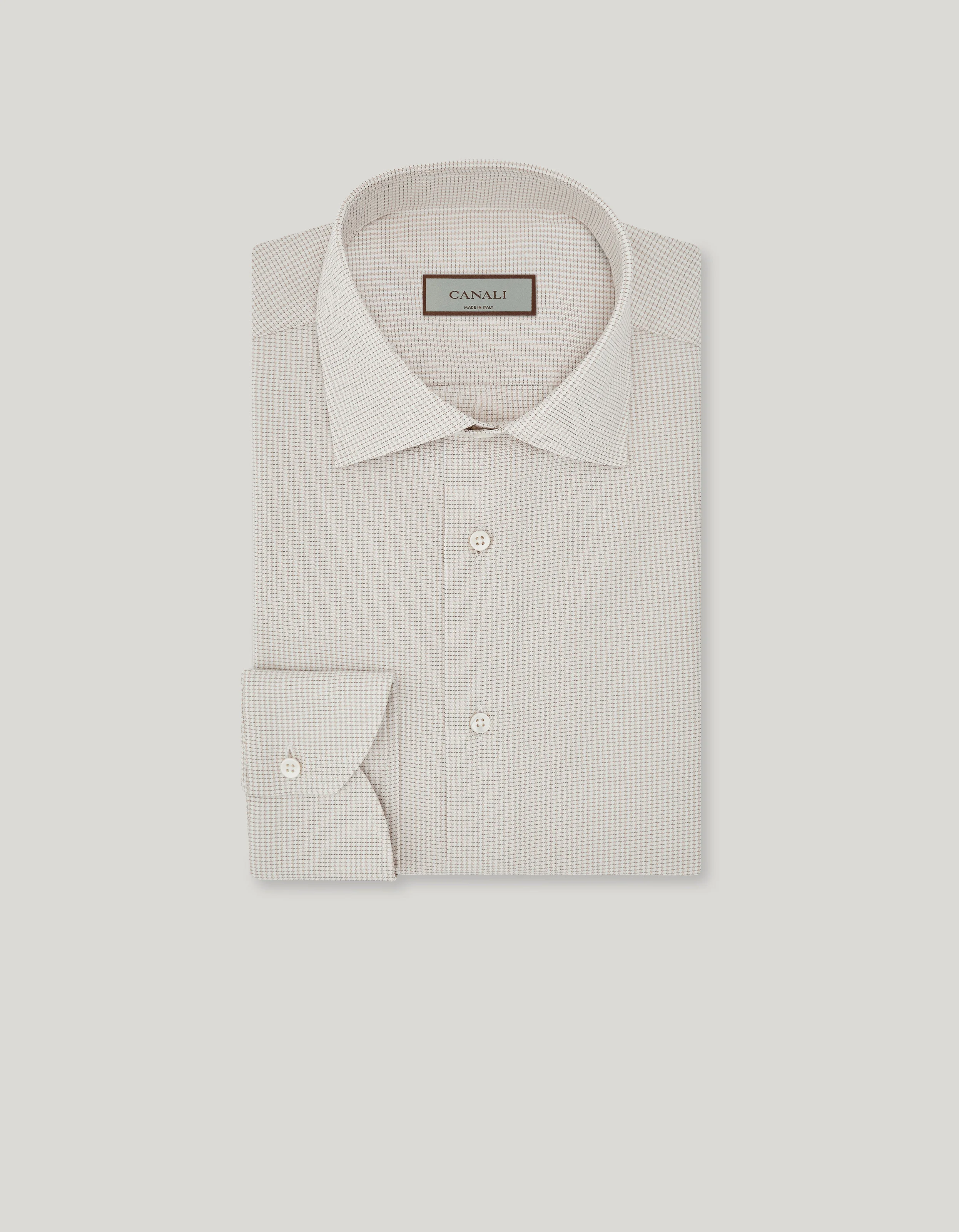 WHITE AND BEIGE COTTON MICRO-HOUNDSTOOTH REGULAR-FIT SHIRT - 1