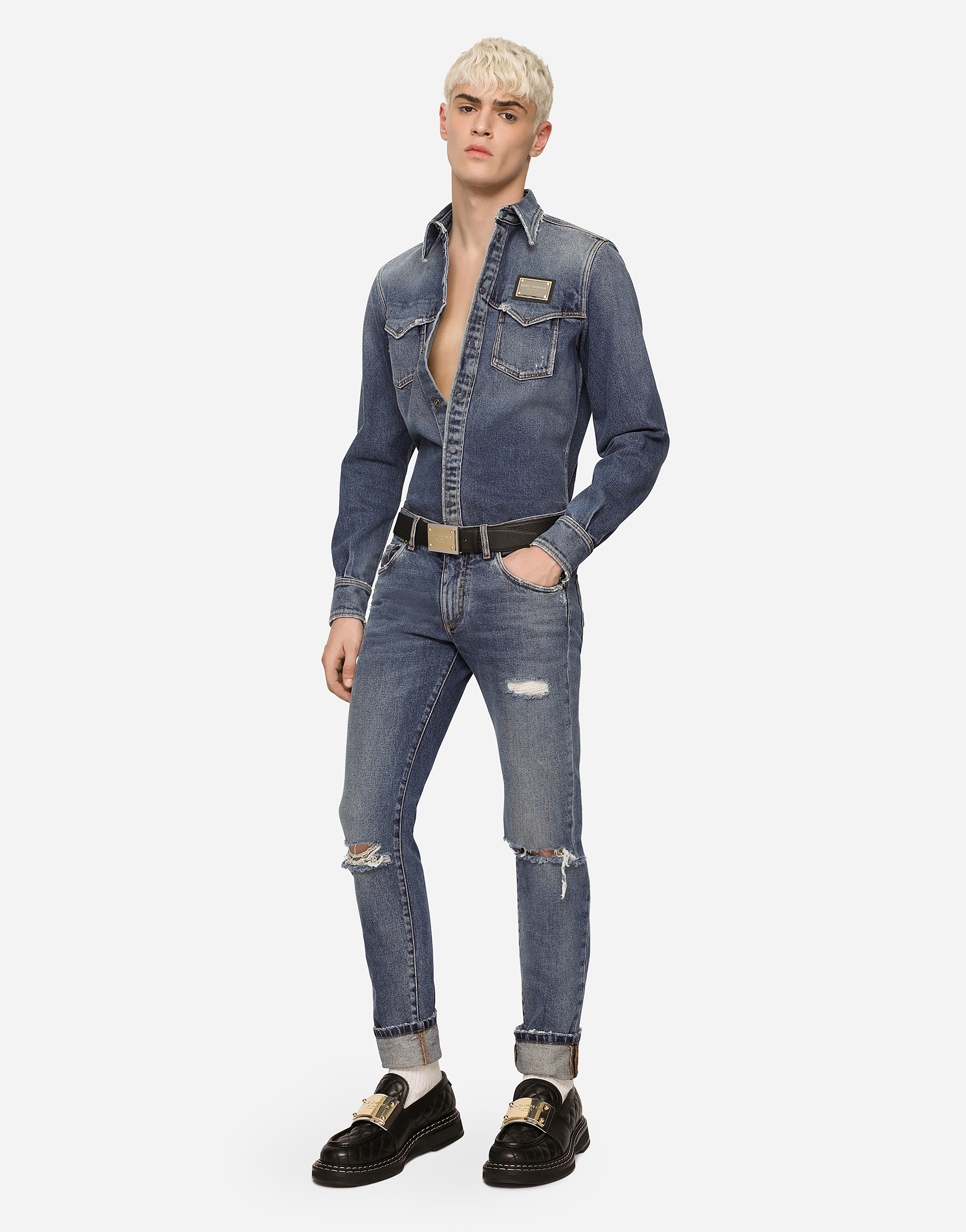 Light blue skinny stretch jeans with rips - 6