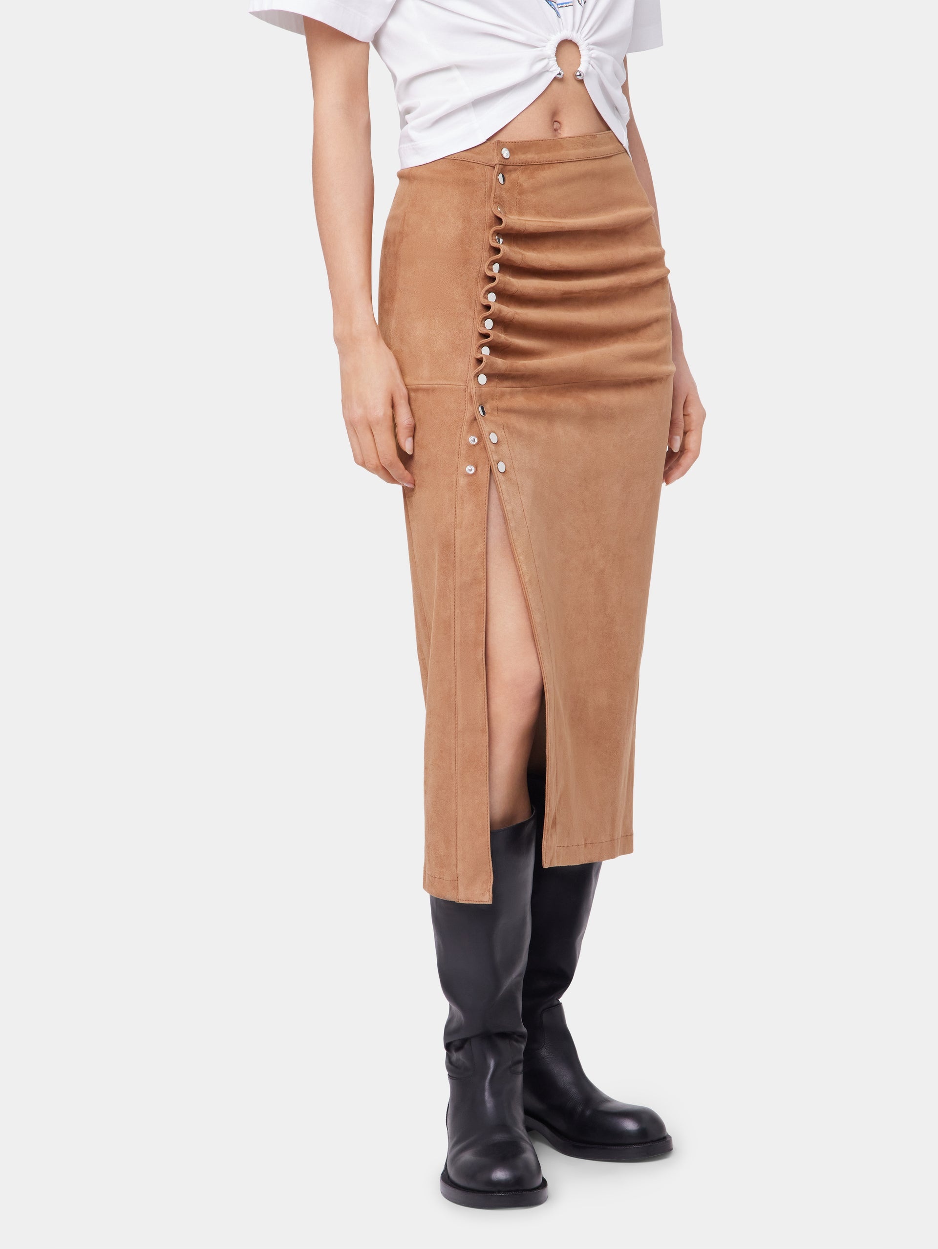 CARAMEL LONG DRAPED SKIRT IN LEATHER - 5