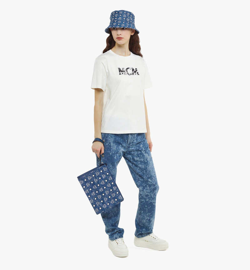 MCM Wristlet Zip Pouch in Vintage Denim Jacquard outlook