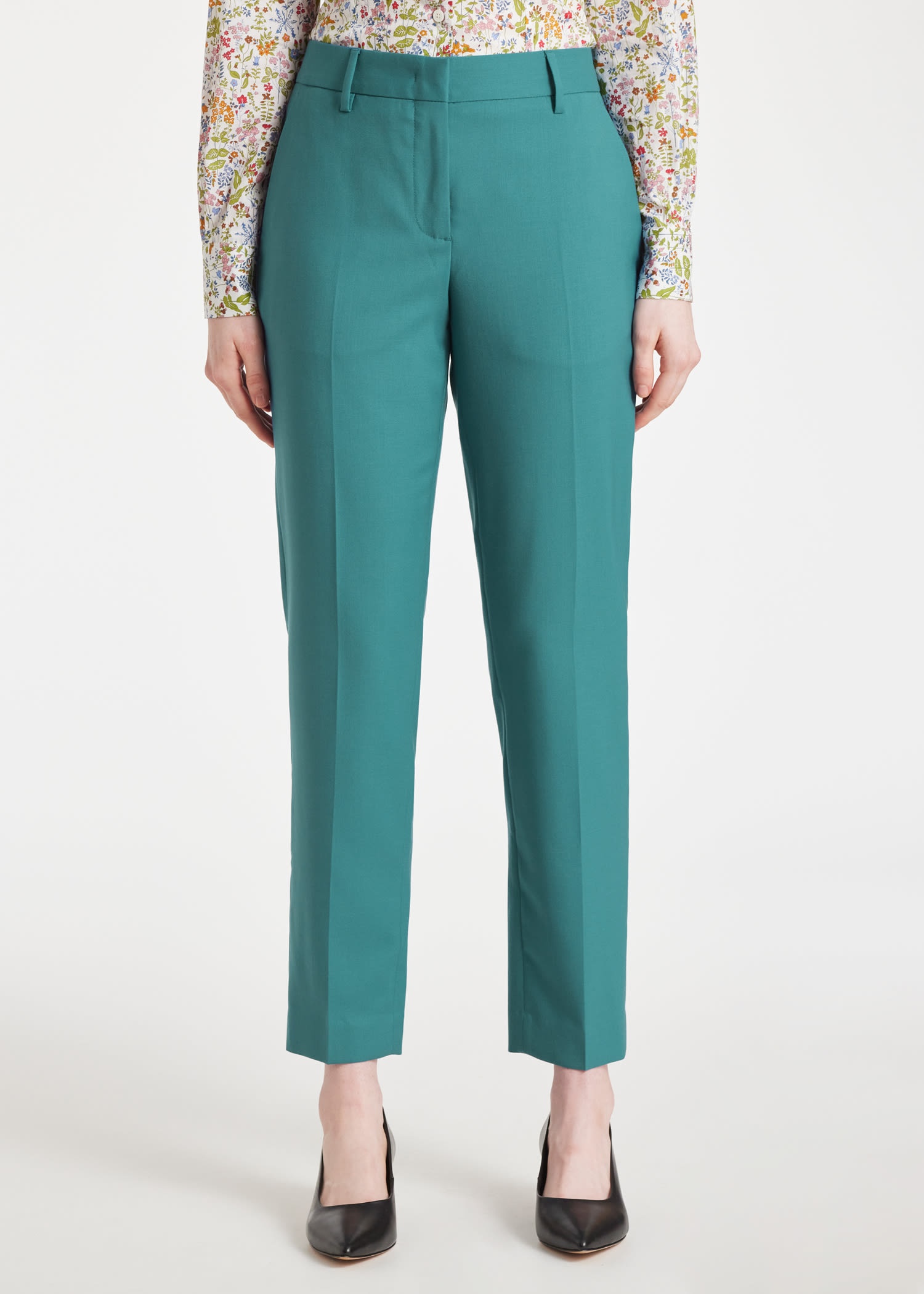 Light Teal Wool Tapered-Fit Trousers - 3