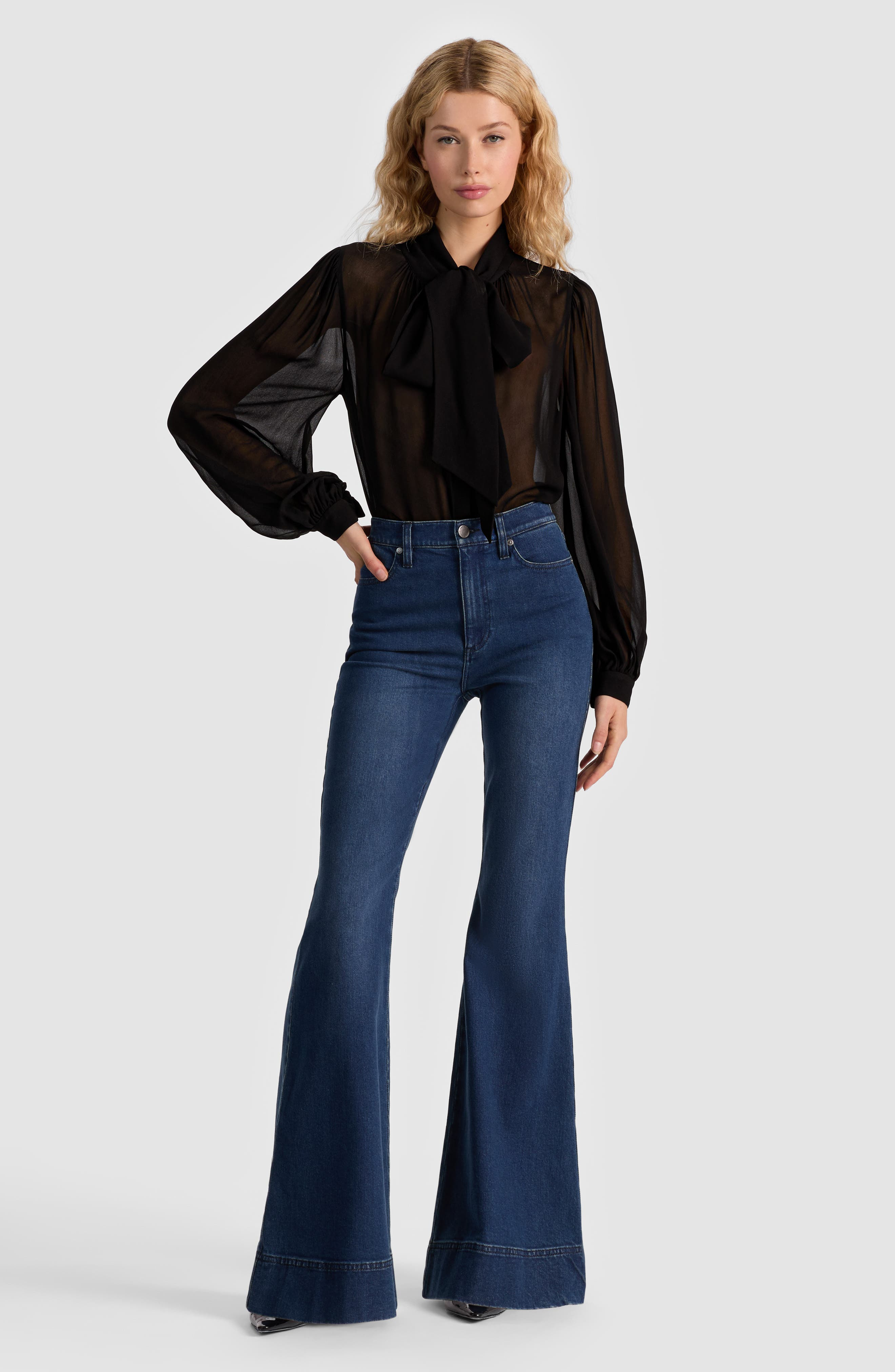 Alice + Olivia Brentley Tie Neck Sheer Long Sleeve Button-Up Shirt in Black at Nordstrom - 5