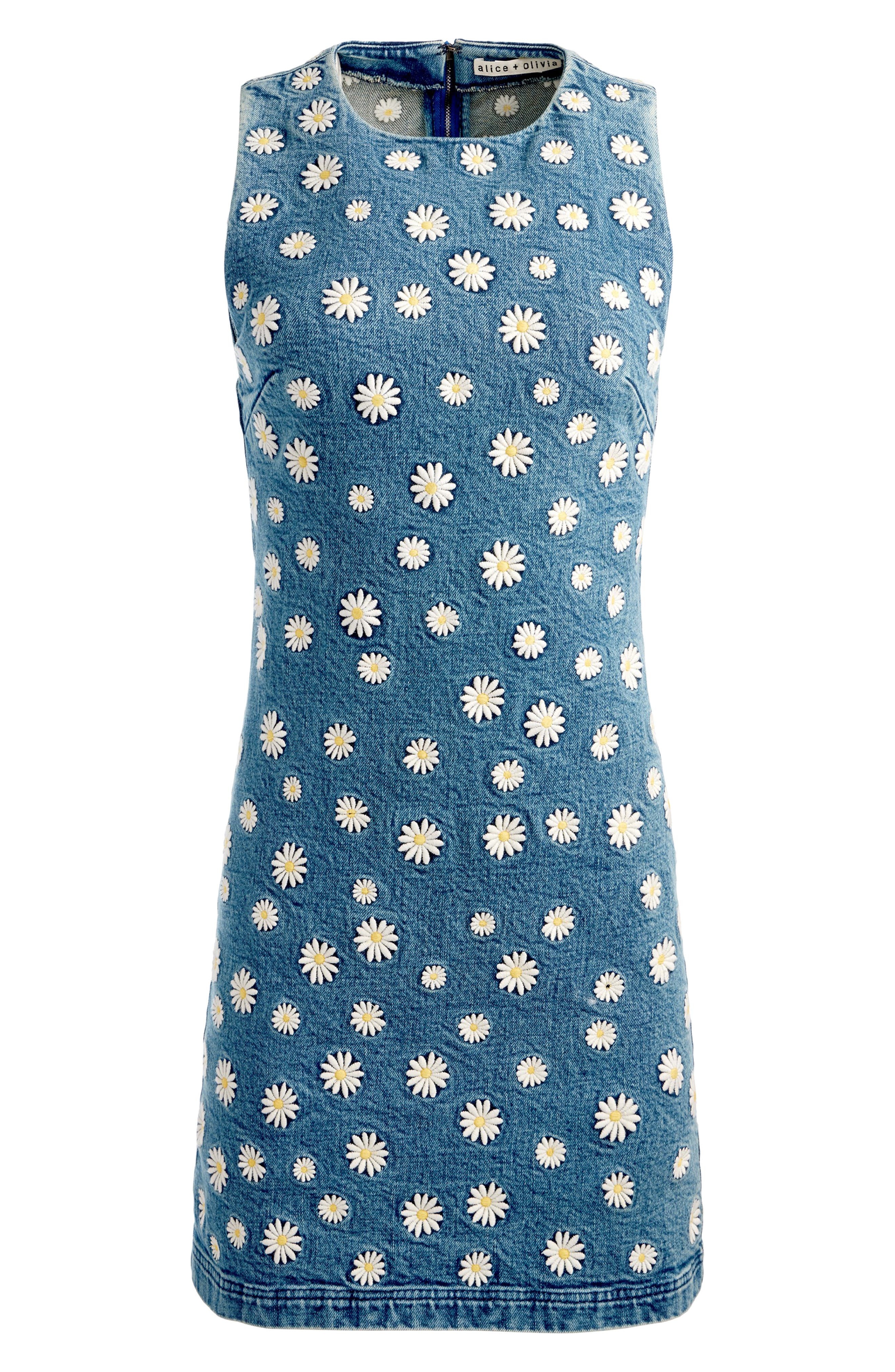 Alice + Olivia Wynell Daisy Embroidery Denim Minidress in Medium Wash at Nordstrom - 5