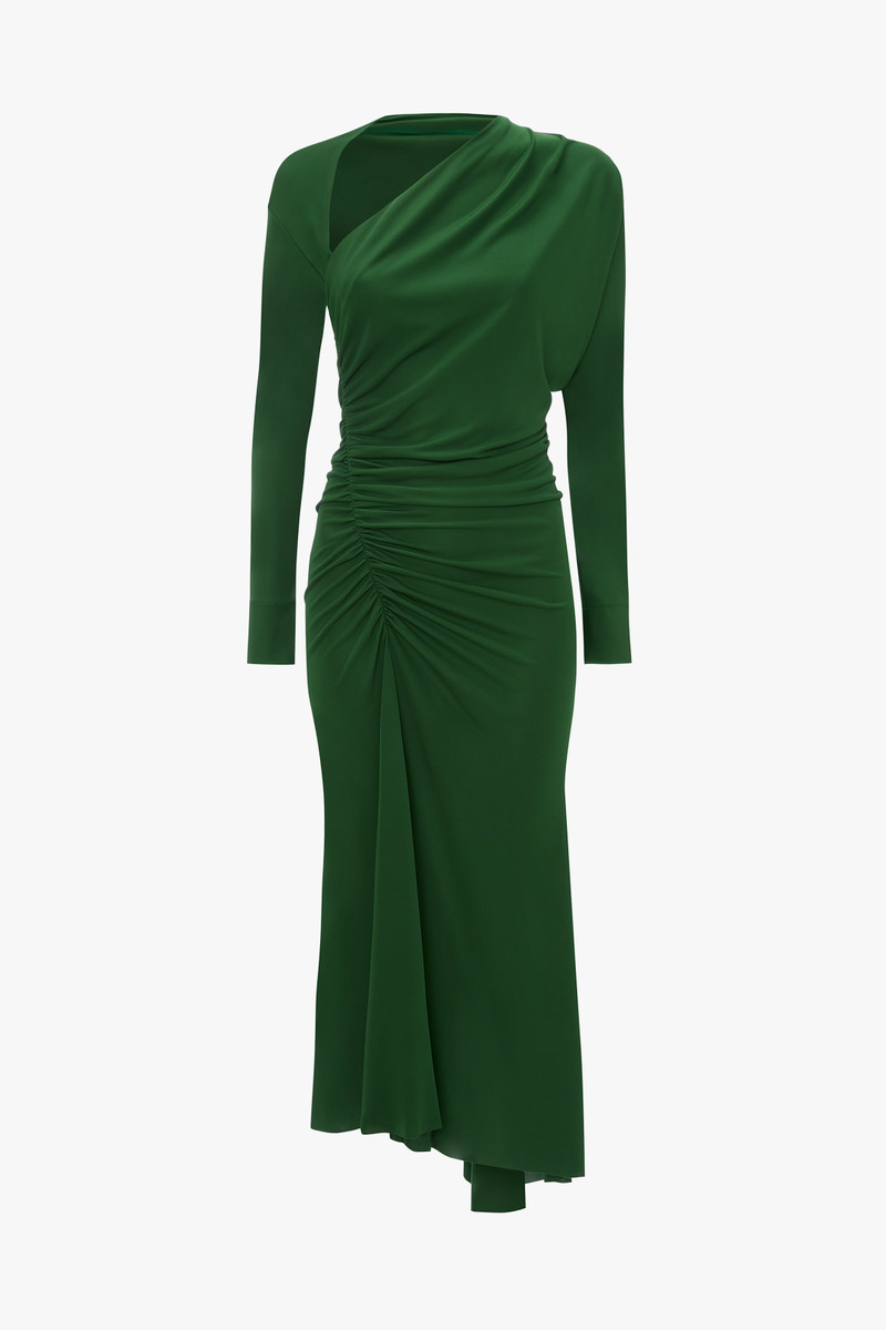 Asymmetric Ruched Midi Dress in Green 1