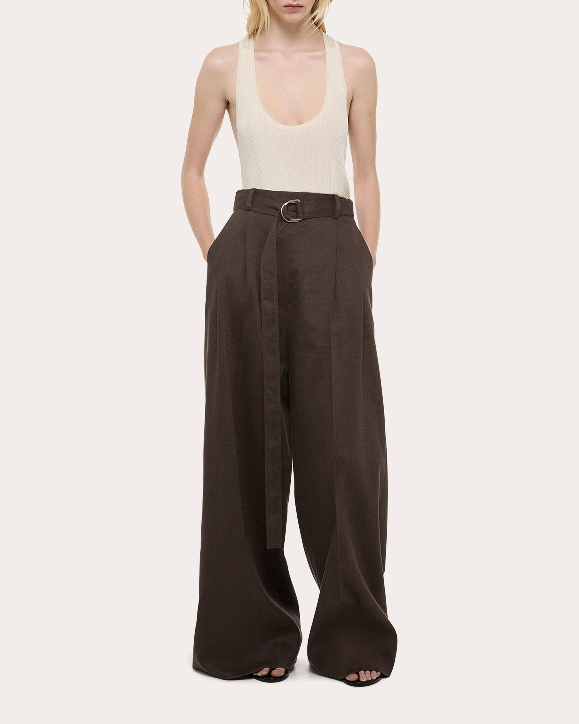 Pleated Linen Blend Wide-Leg Pants - 5