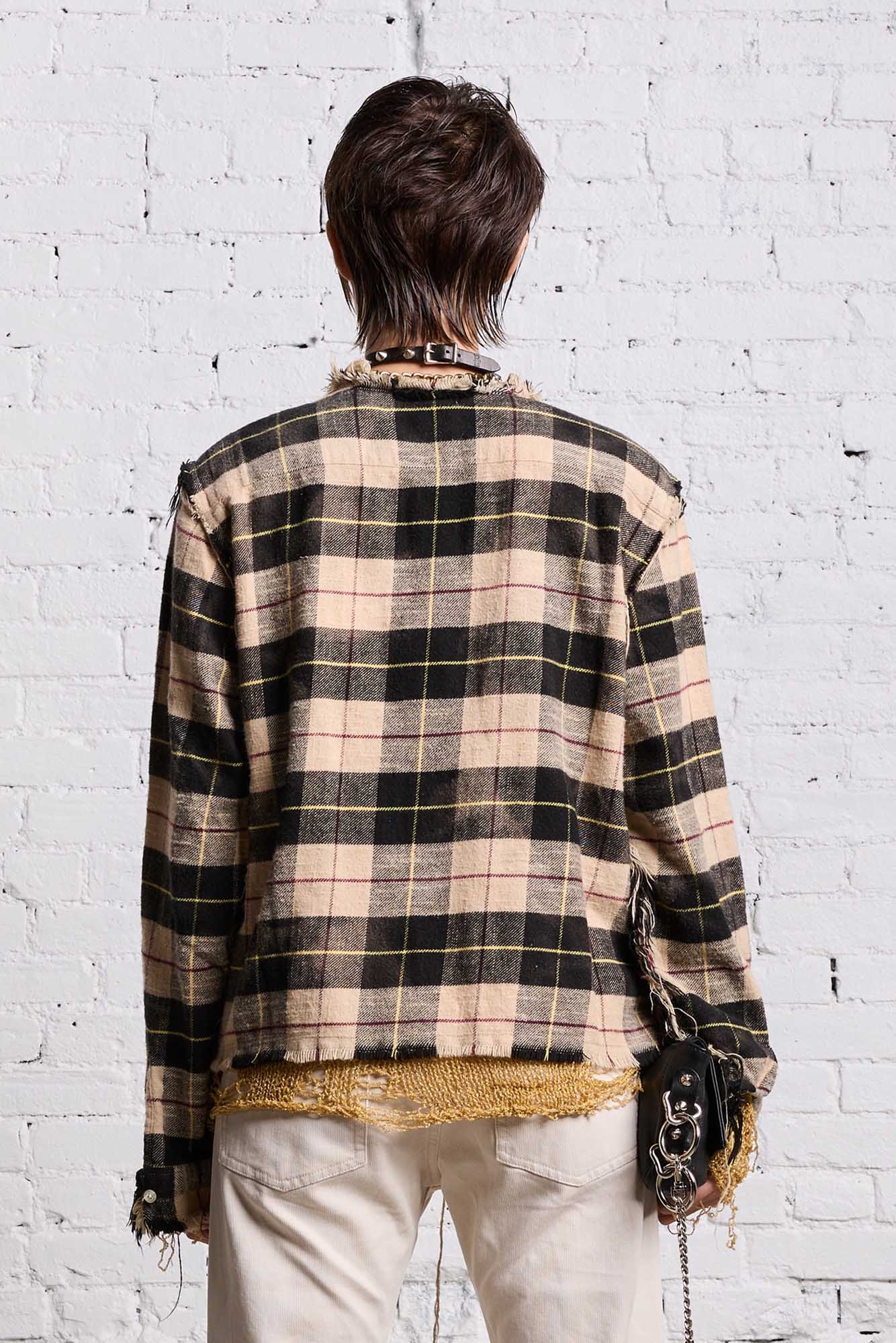 SHREDDED CREWNECK SHIRT - BLEACHED BEIGE PLAID - 7
