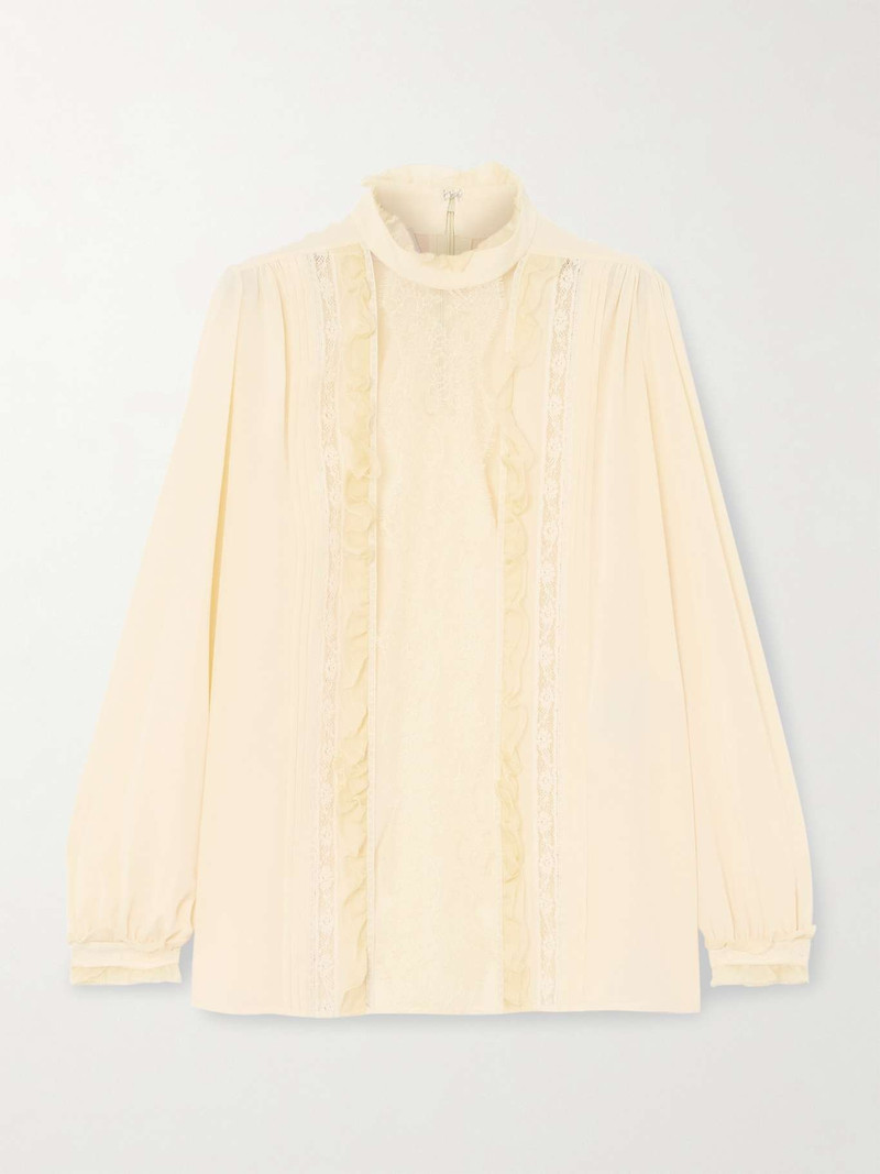 Ruffled pintucked lace-trimmed silk crepe de chine blouse Yellow - 1