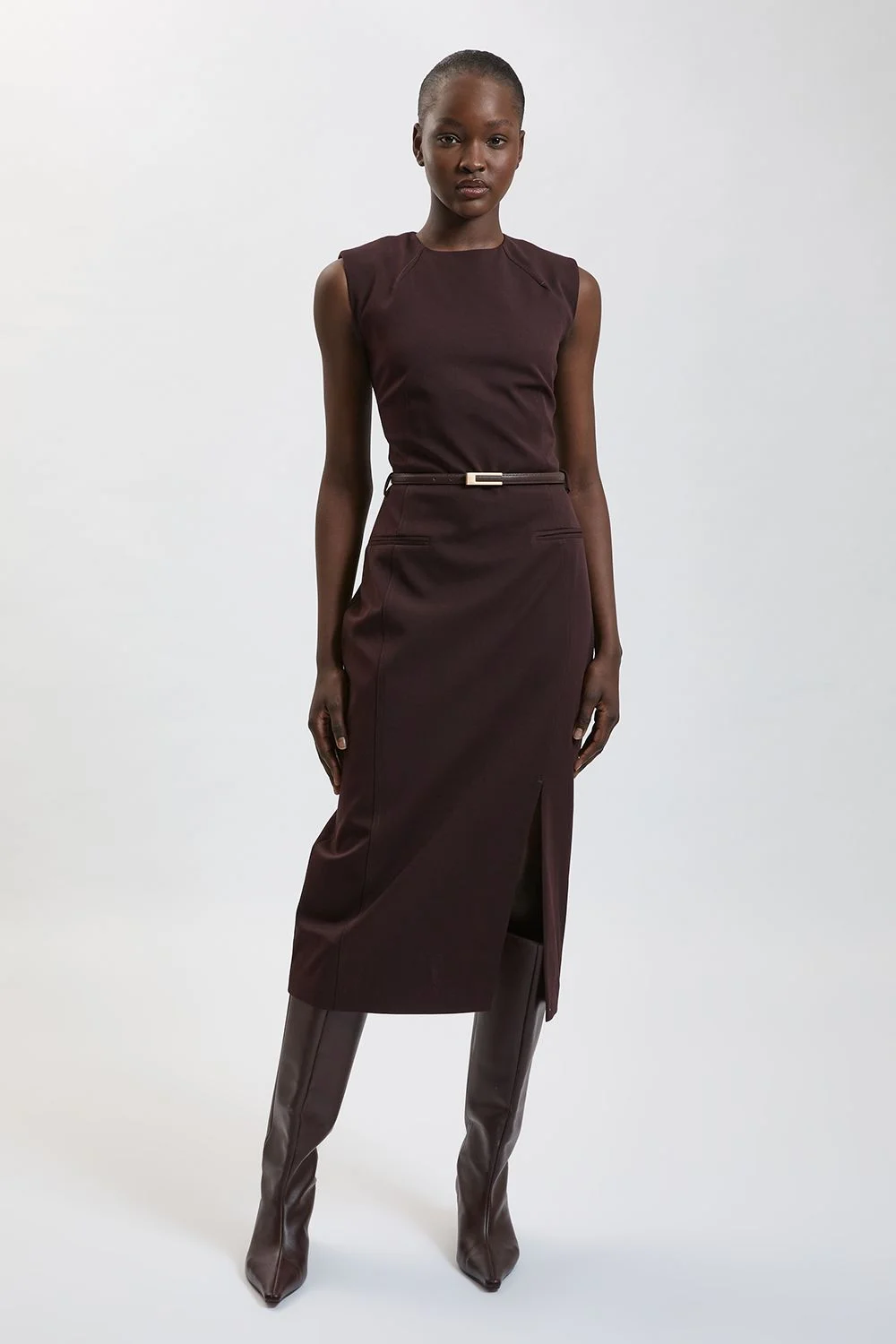 Tailored Belted Midi Skirt Pencil Dress - 1