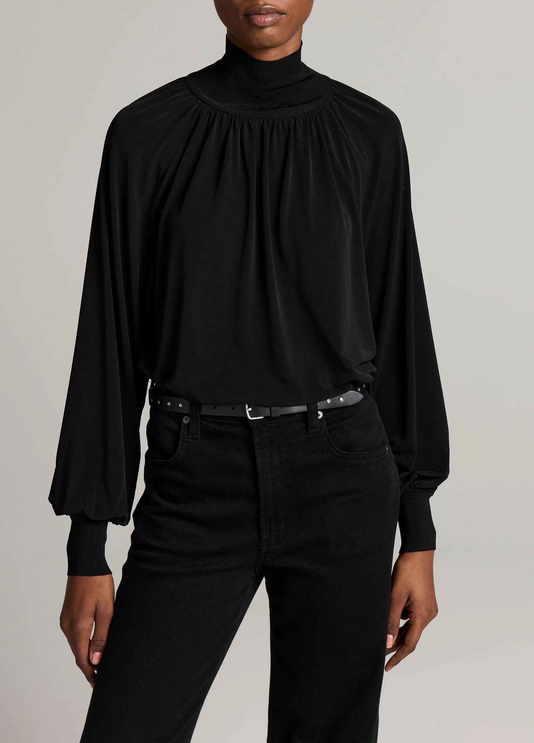 Rib-Trim Gathered Long-Sleeve Turtleneck Top - 1