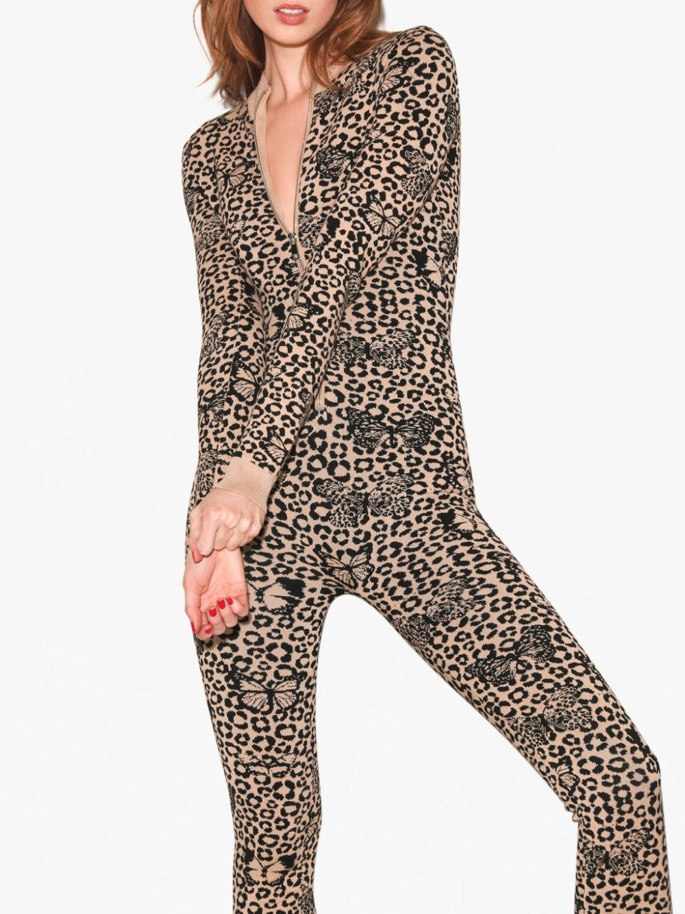 butterfly-jacquard zip-up catsuit - 3