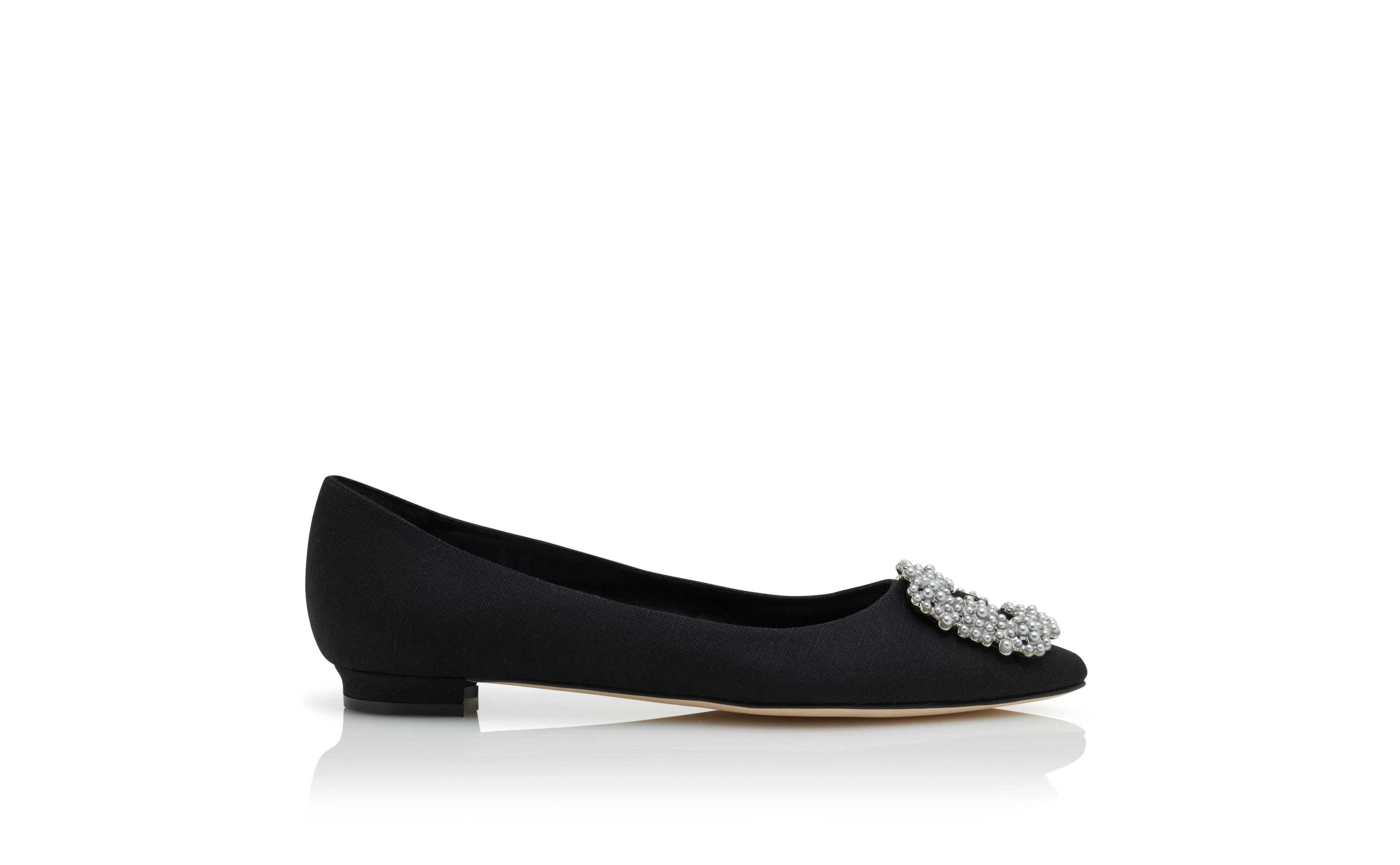 Black Linen Pearl Buckle Flat Shoes - 1