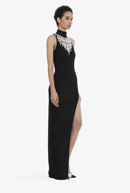 Long black viscose dress with silver embroidery - 7