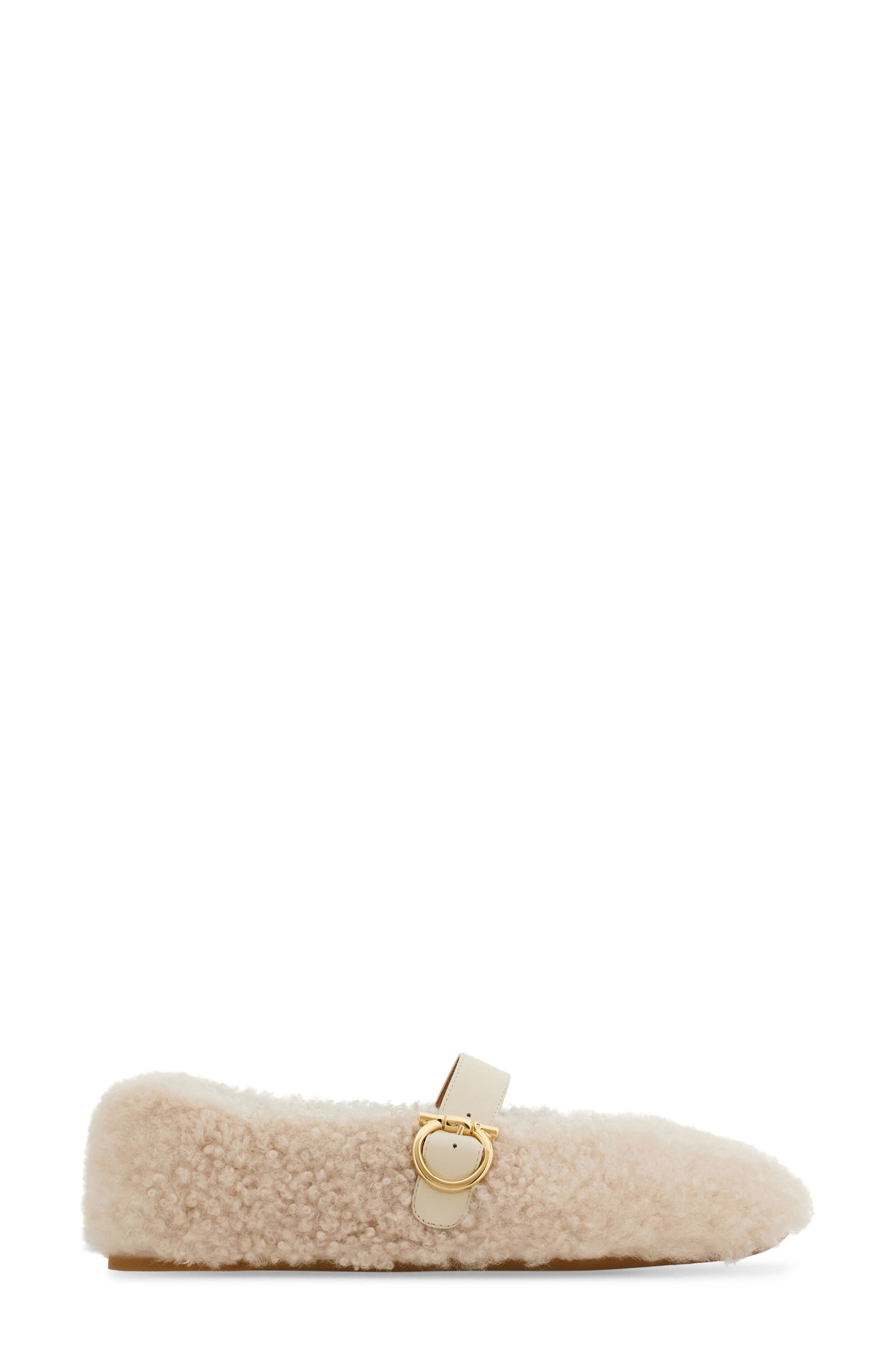 FERRAGAMO Gancio Genuine Shearling Ballet Flat in Merinillo Carino Mascarpone at Nordstrom - 4