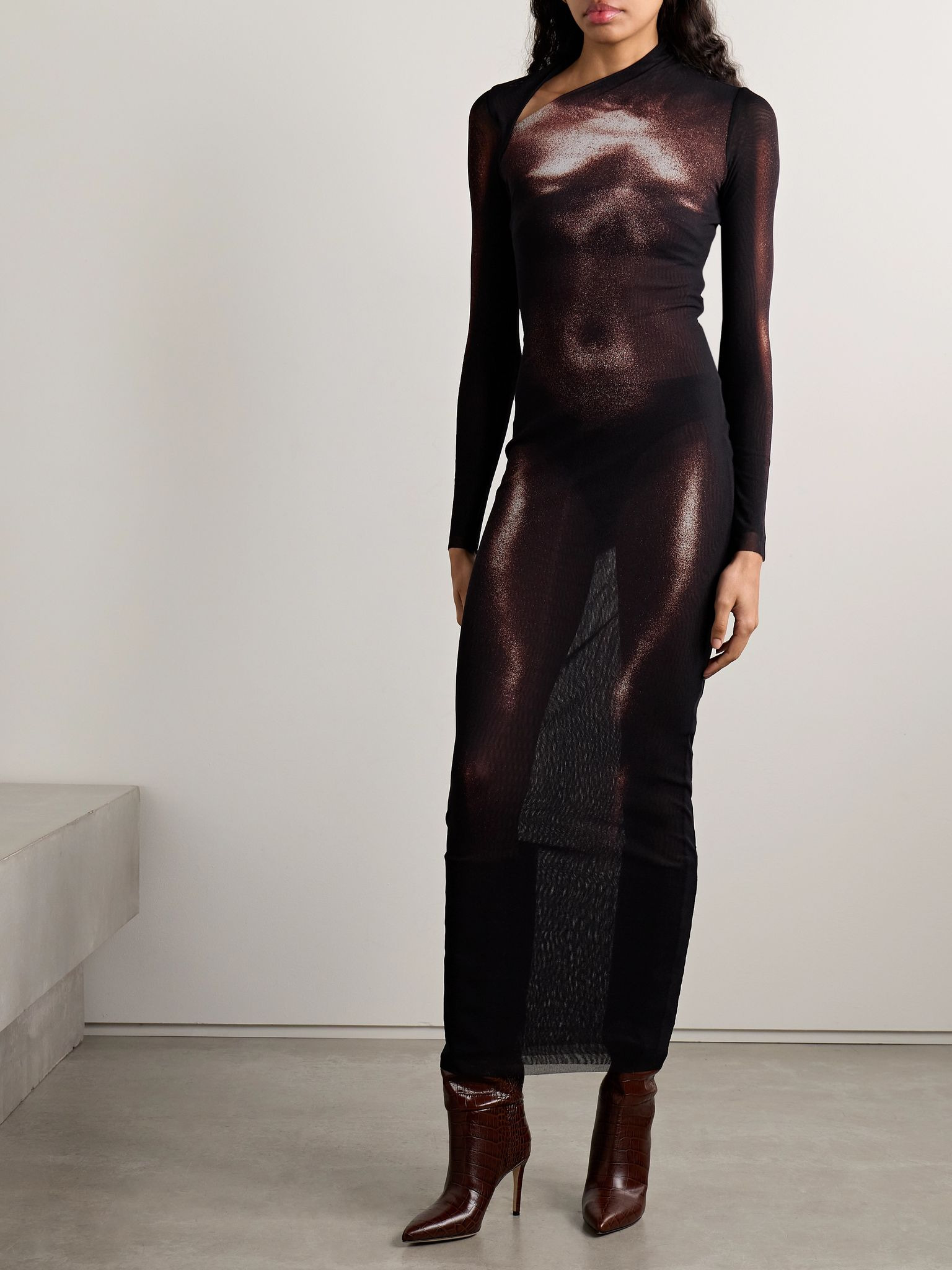 Body Dust asymmetric trompe l'oeil printed mesh midi dress Black - 3