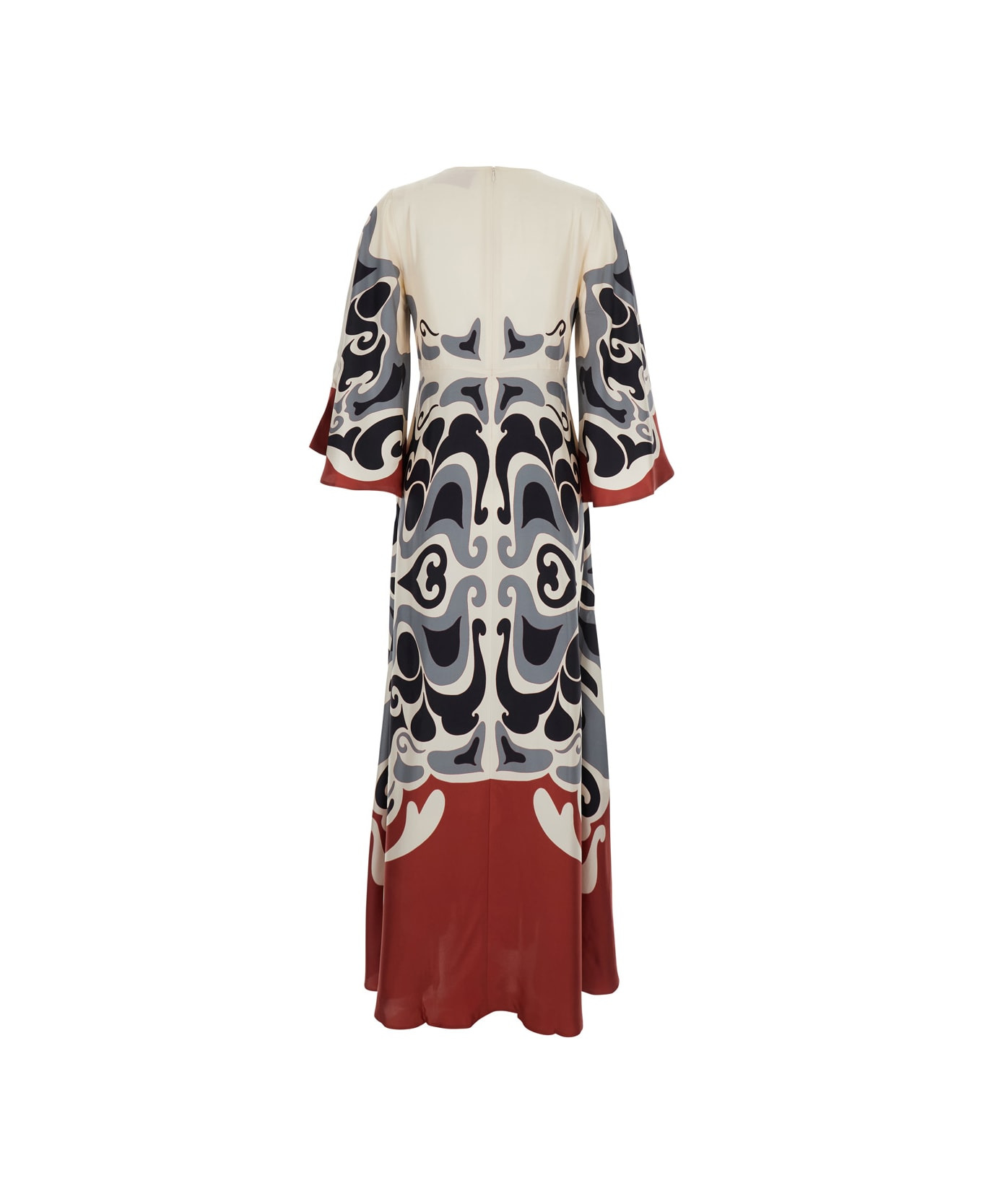 Multicolor Long Dress With Round Neck And All Over Motif In Silk Woman - 2