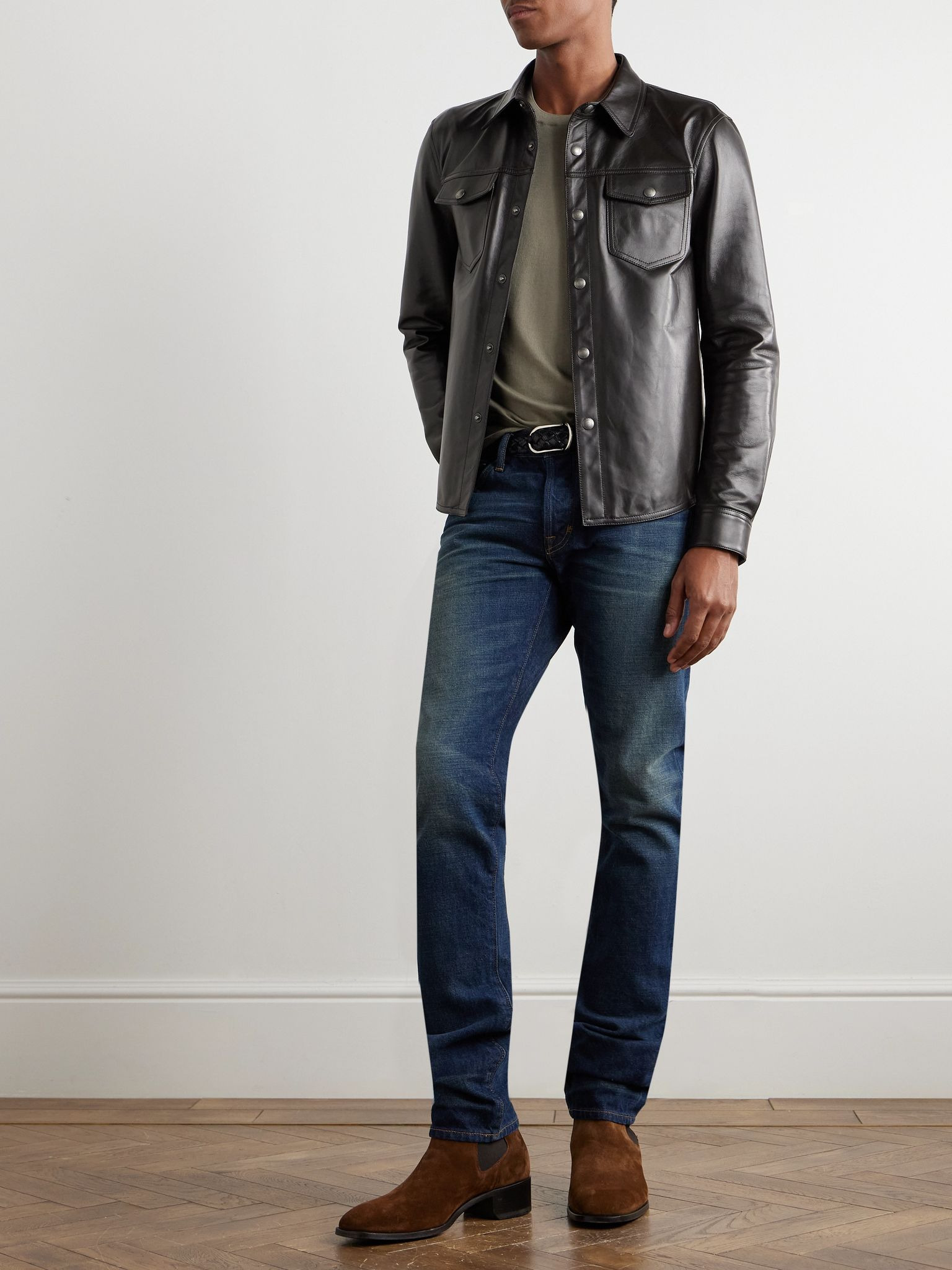 Slim-Fit Leather Shirt Jacket Brown - 2