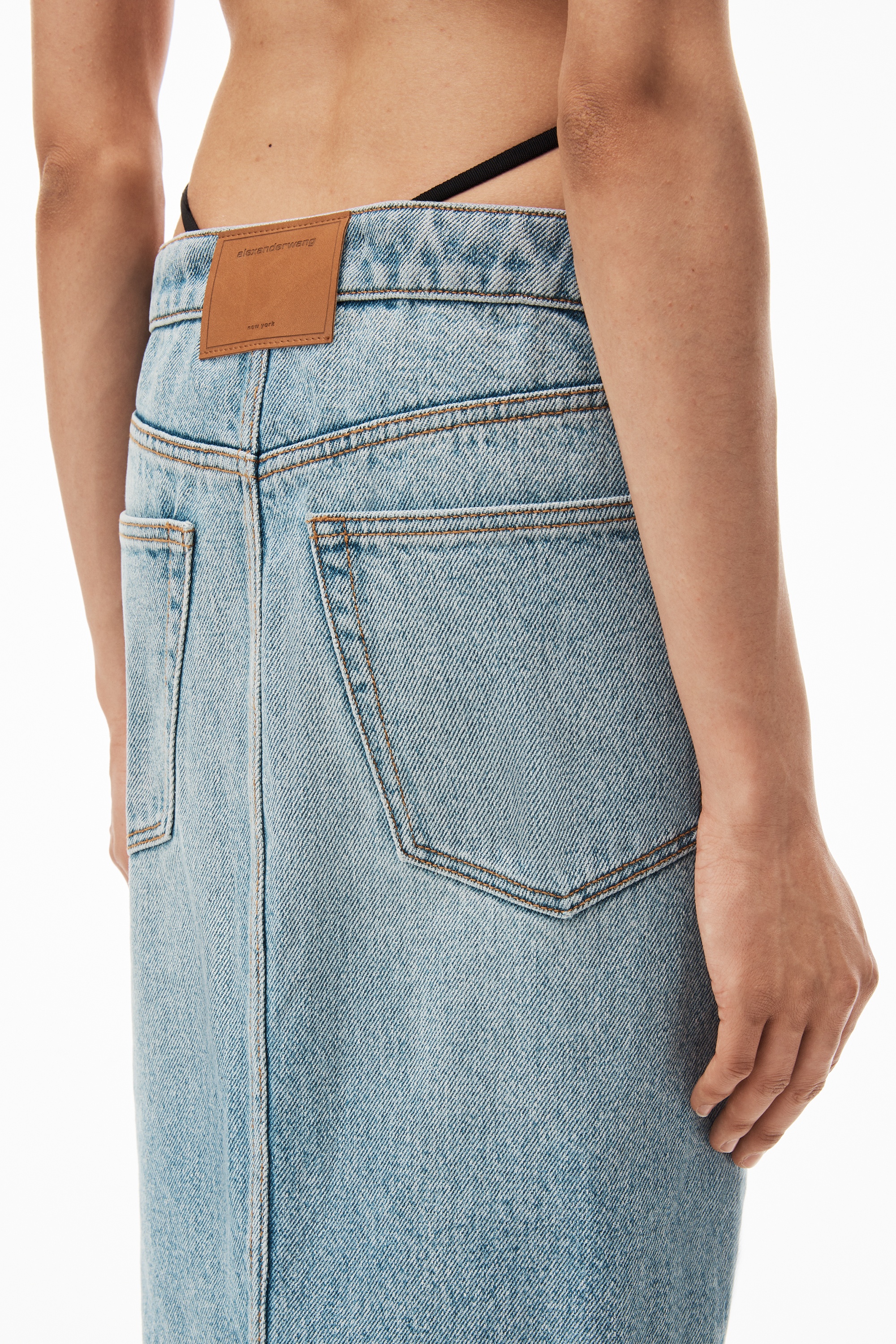 diamanté thong midi skirt in denim - 6