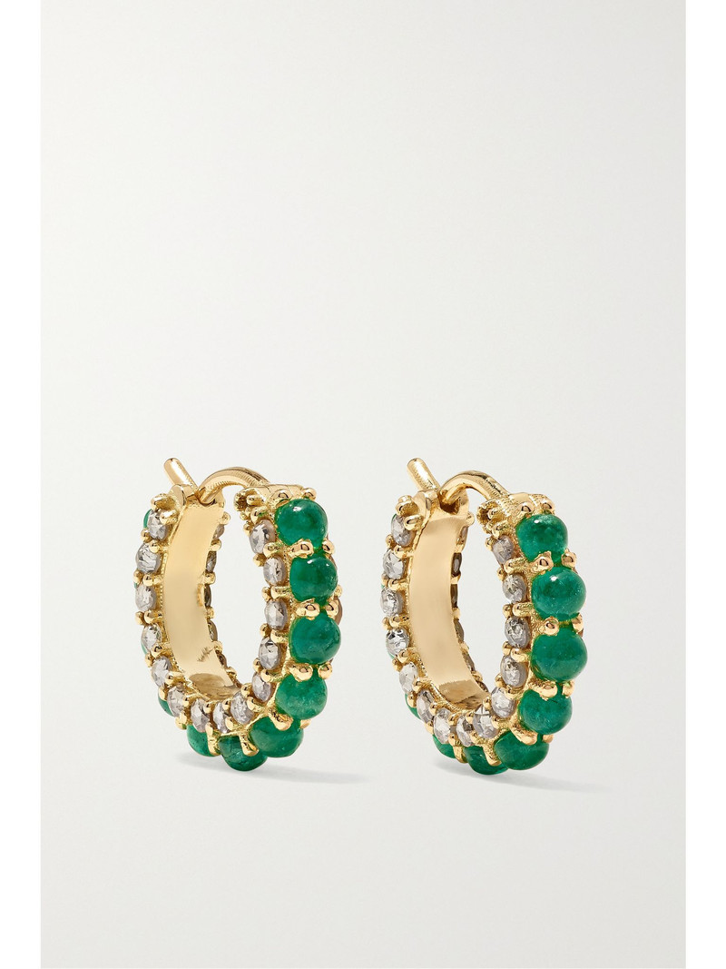 Streamflow 18-karat gold, emerald and diamond hoop earrings Green - 1