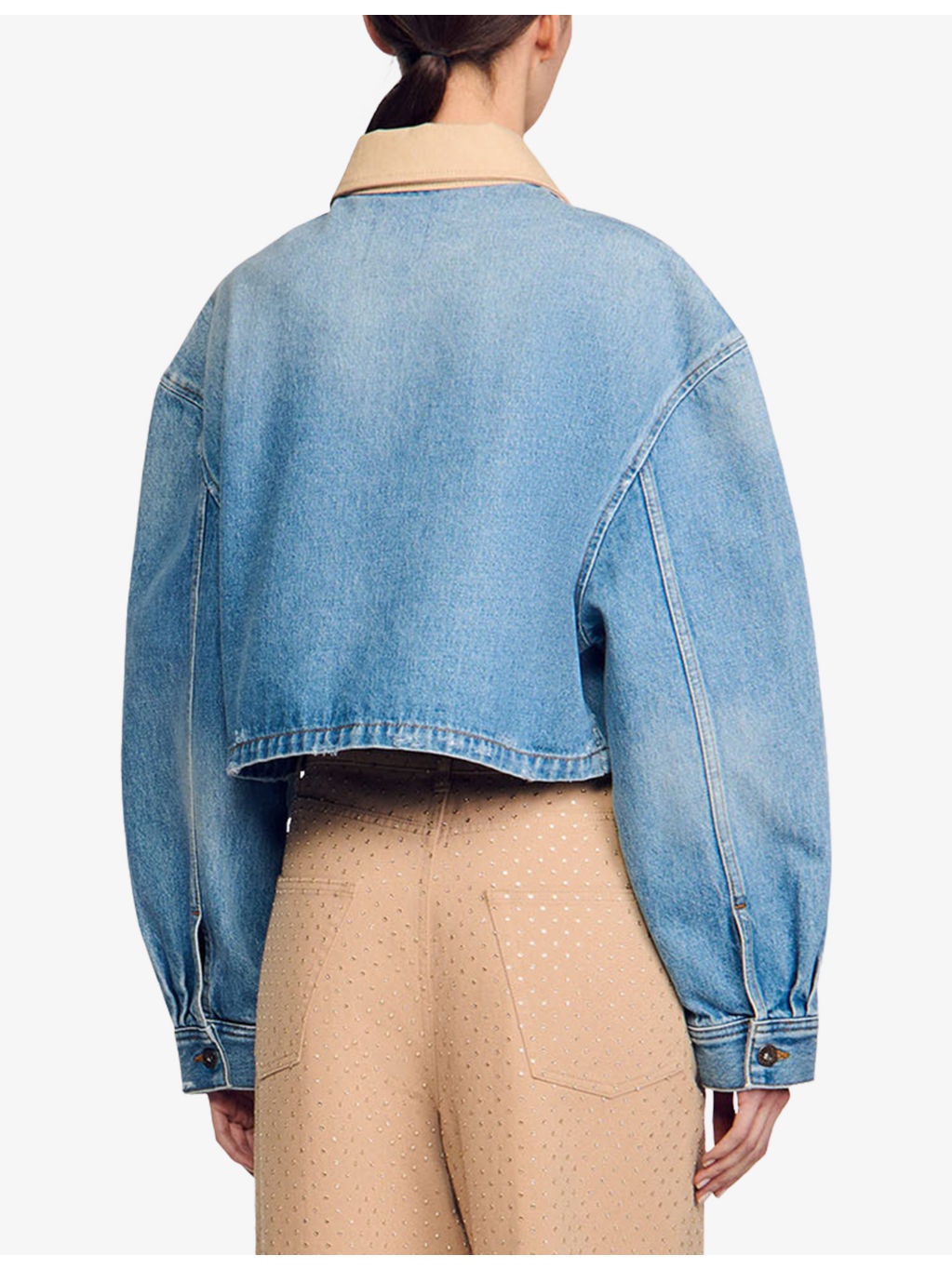 Contrast-Collar Stud-Embellished Cropped Denim Jacket - 4