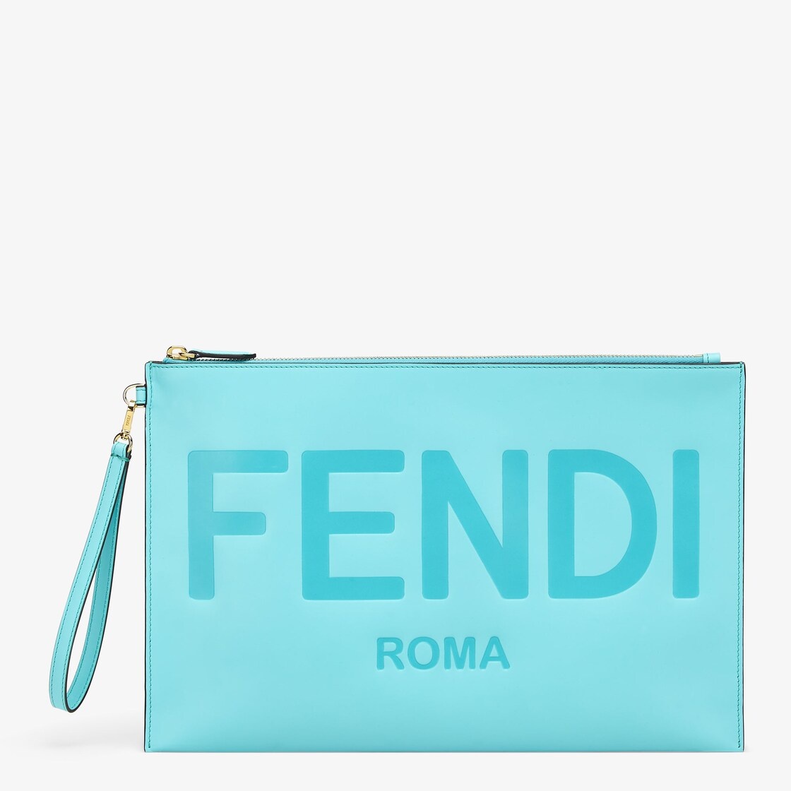 Large pouch with removable bracelet handle. Zipper closure. Made of turquoise leather with Fendi Rom - 1