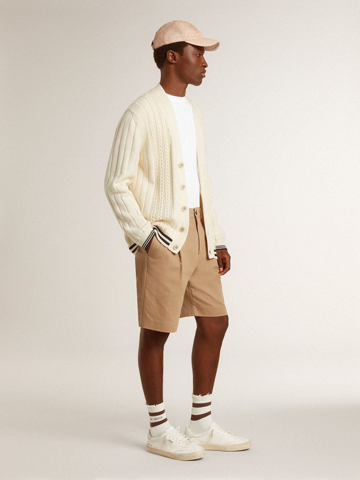 Men's white cotton cardigan with a cable pattern and blue ribbing - 3