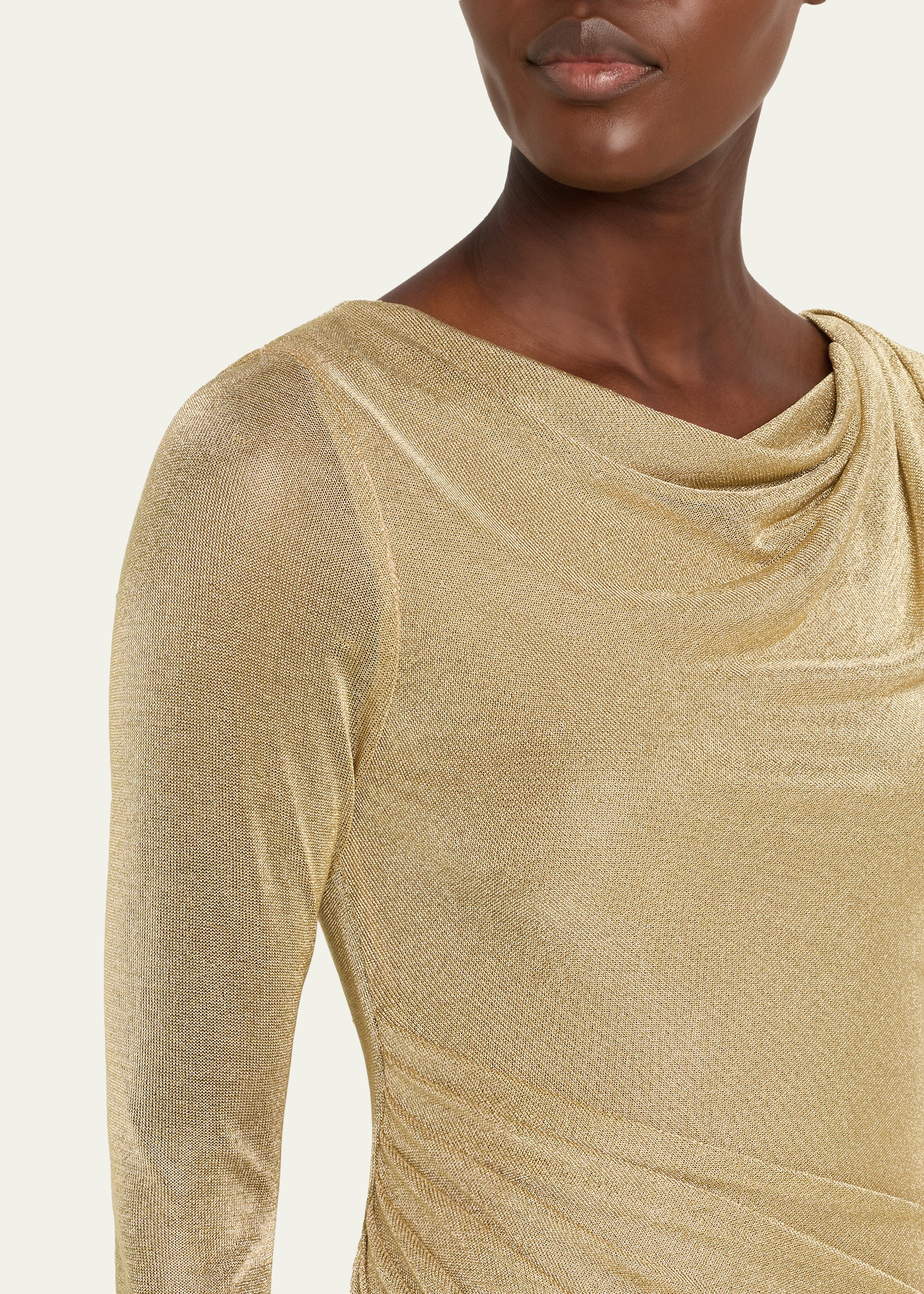 Metallic Jersey Cowl-Neck Long-Sleeve Gown - 5