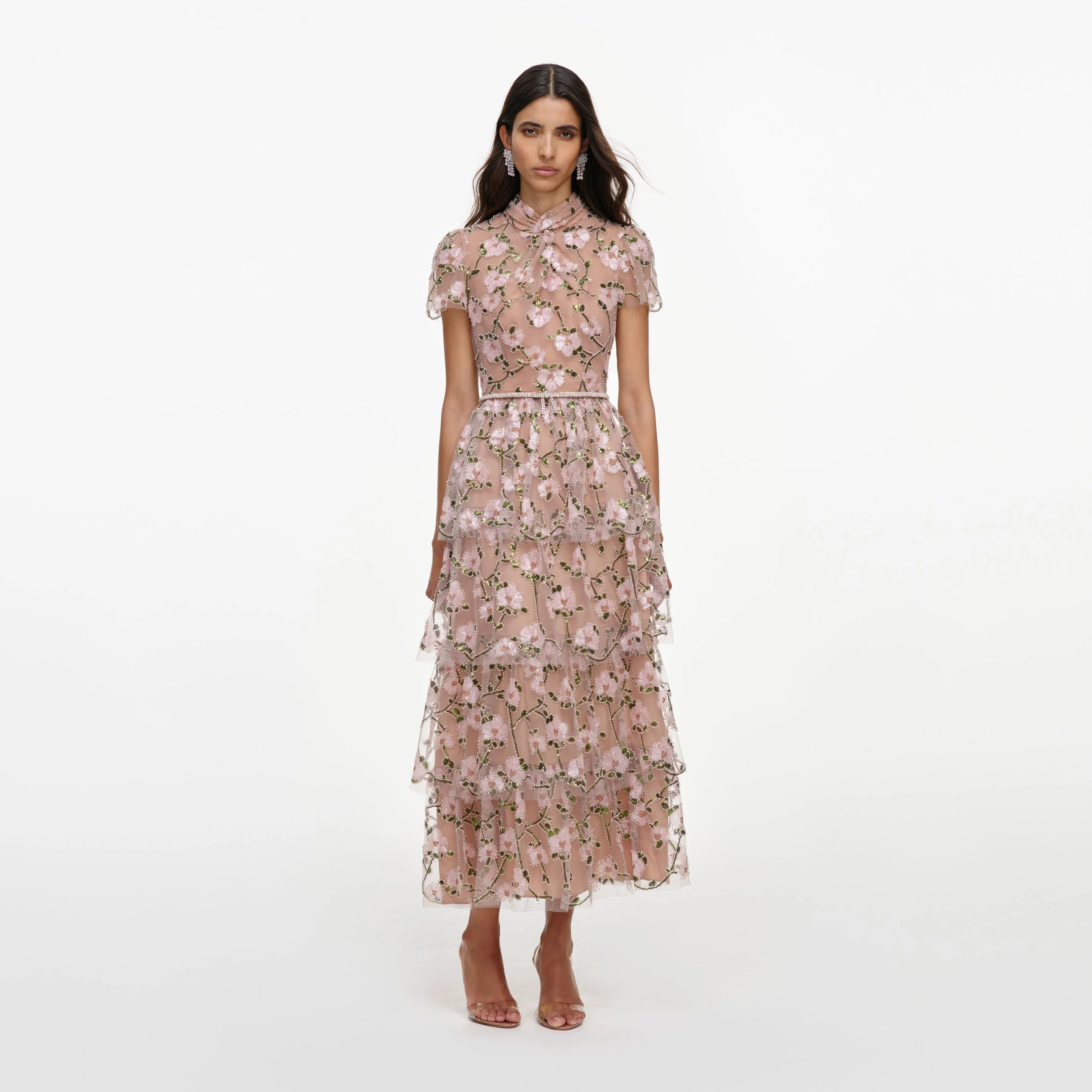 Pink Sequin Embellished Tiered Midi Dress - 1