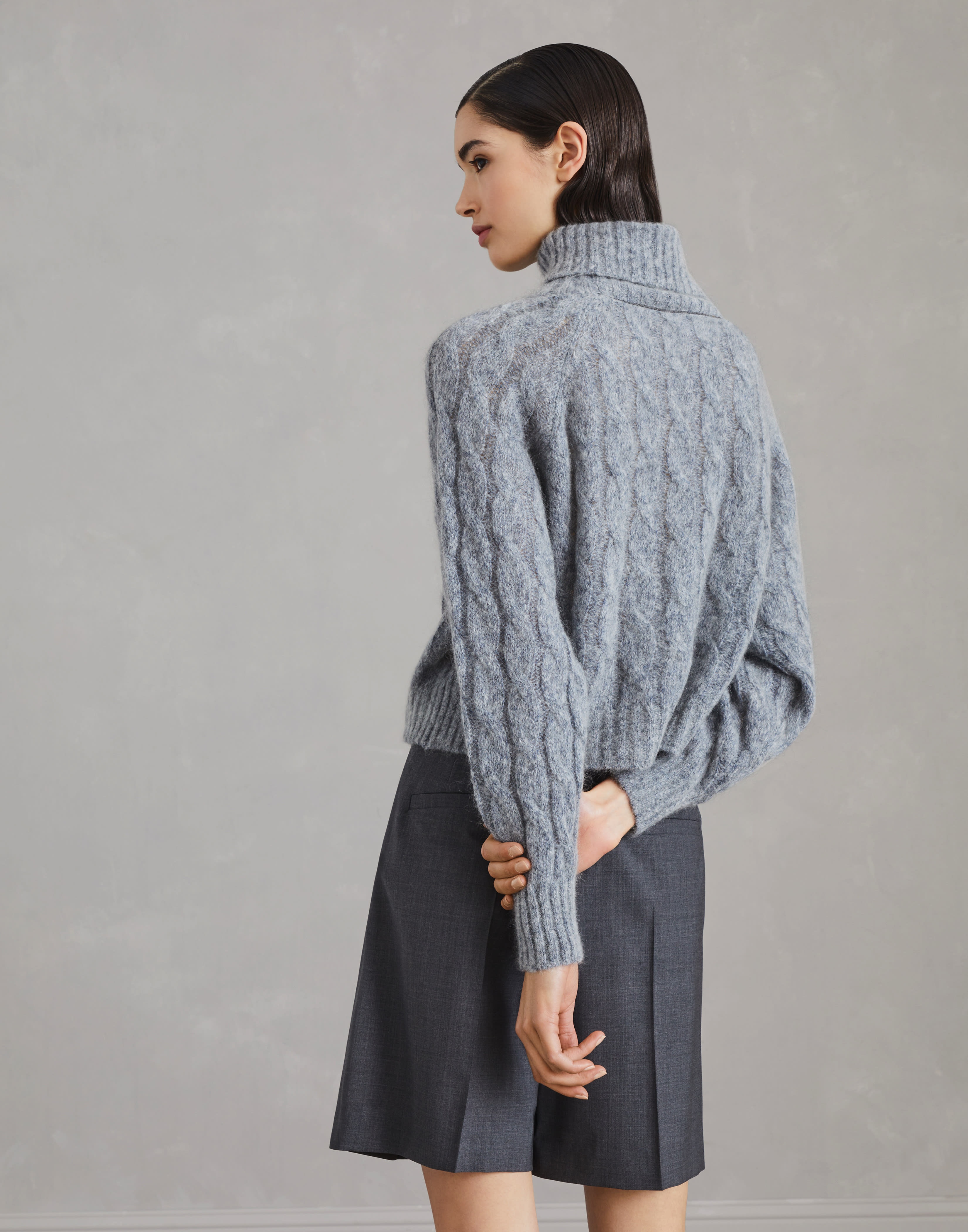 Wool and mohair cable knit turtleneck sweater with monili - 2