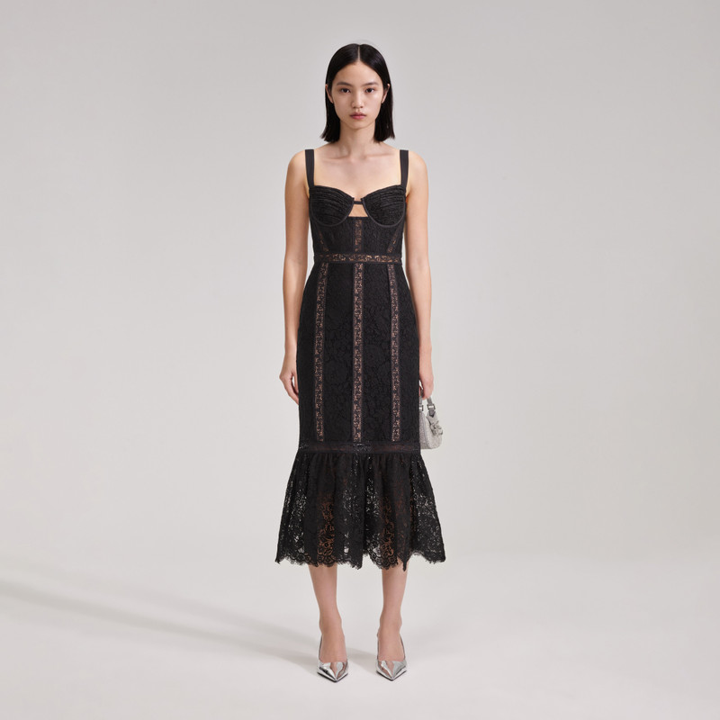self portrait lace insert midi dress White Linen Lace Insert Midi Dress  self-portrait-US