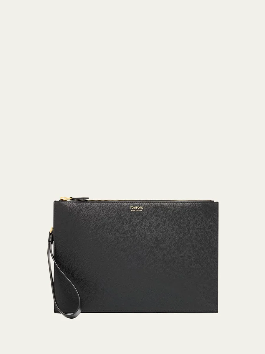 Men's Leather Flat Pouch with Strap - 1