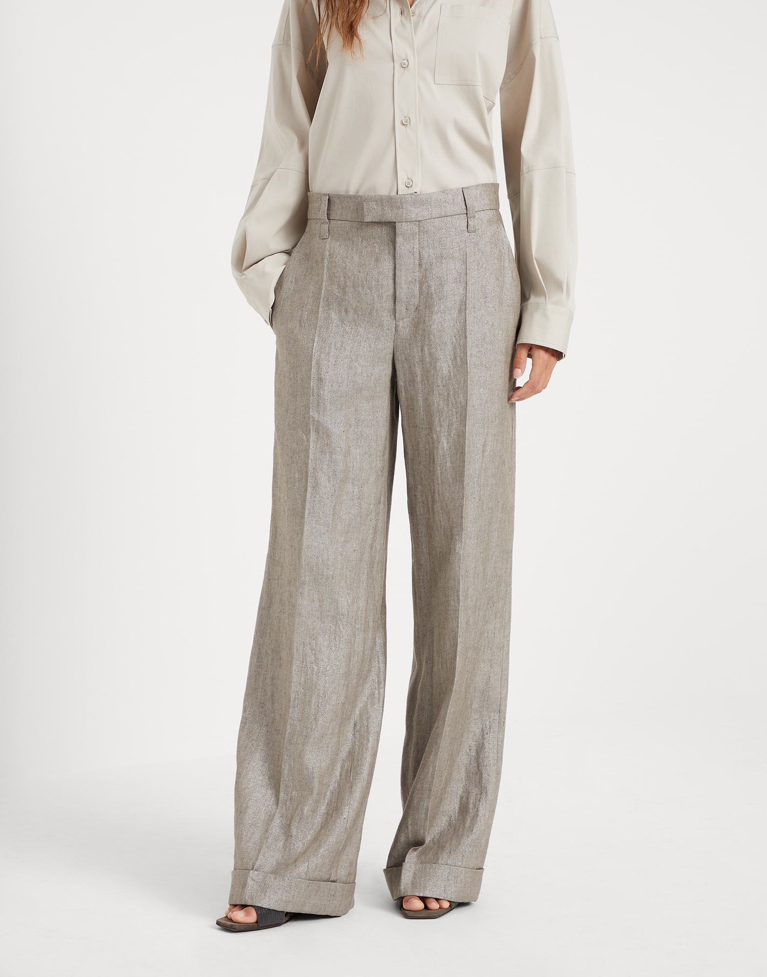 Sparkling linen twill loose flared trousers with monili - 1