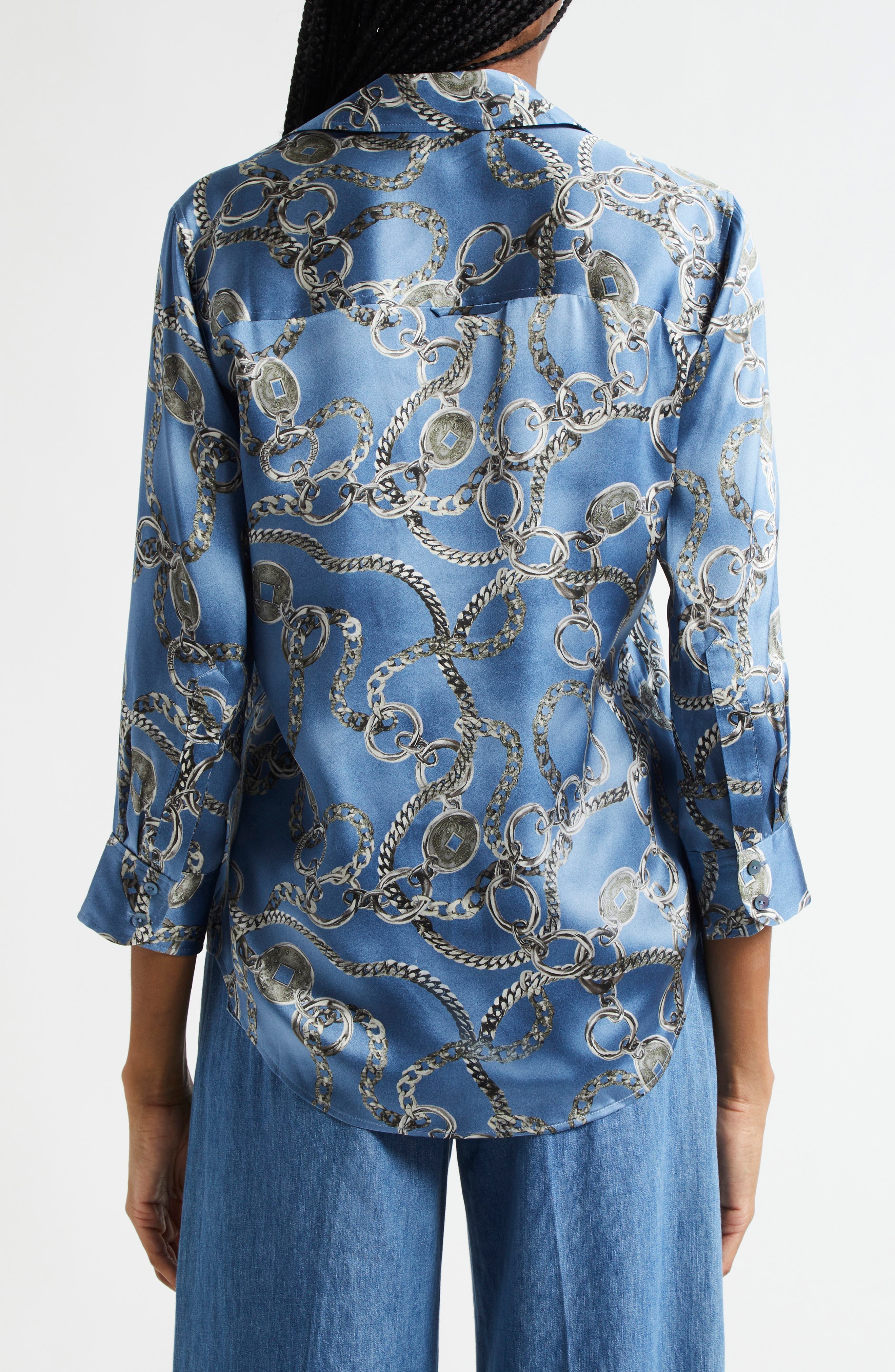 L'AGENCE Dani Chain Print Silk Button-Up Shirt in Blue Horizon/Silver Good Luck at Nordstrom - 3