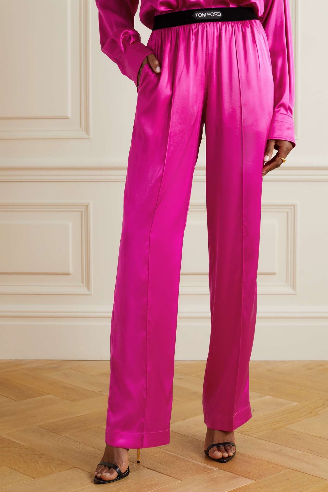 TOM FORD Velvet-trimmed silk and Lyocell-blend satin wide-leg pants