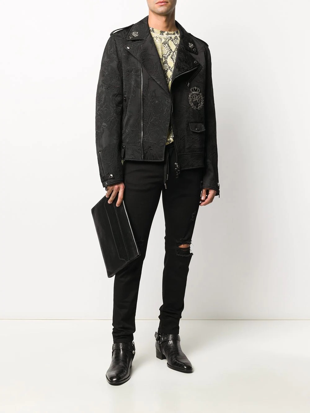 floral brocade patch biker jacket - 2