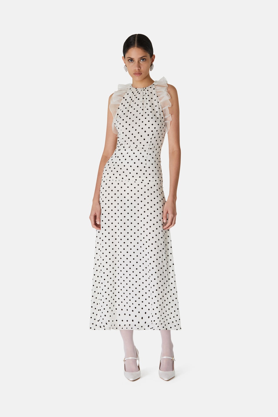 FLOCKED POLKA DOT SILK GEORGETTE SLEEVELESS DRESS - 4
