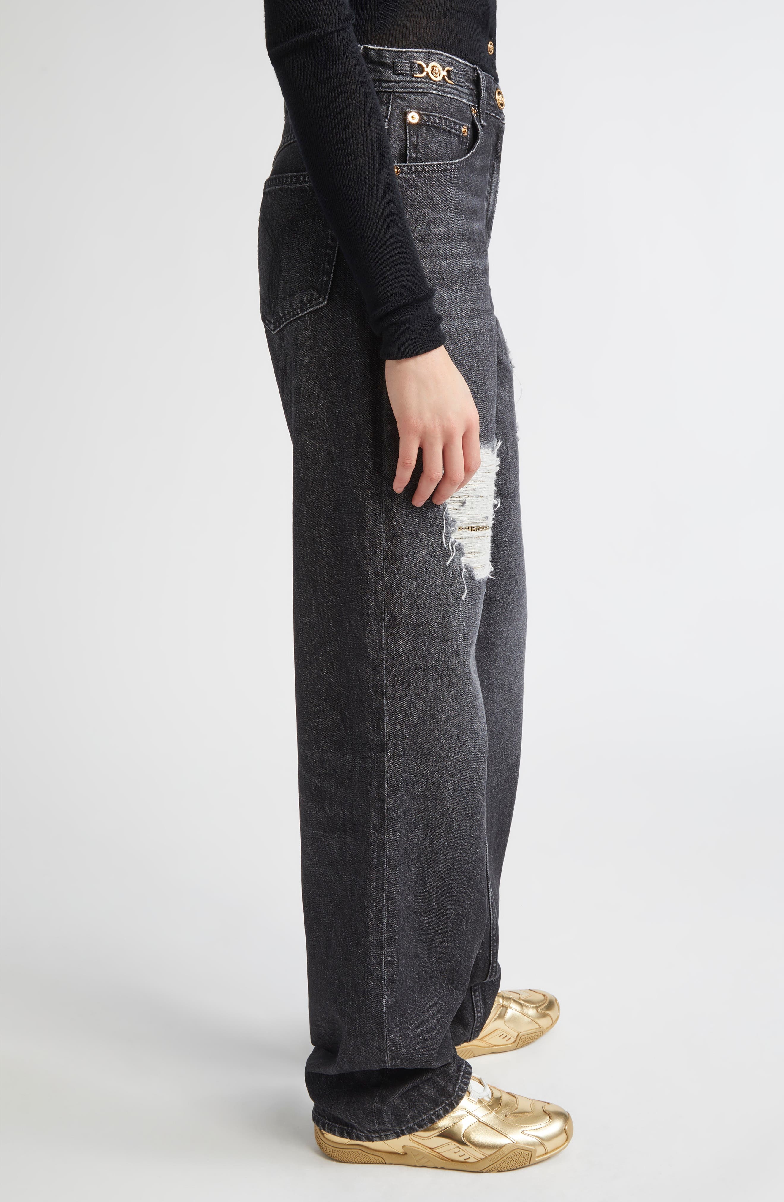 Versace Rip & Repair Straight Leg Jeans in Black at Nordstrom - 4