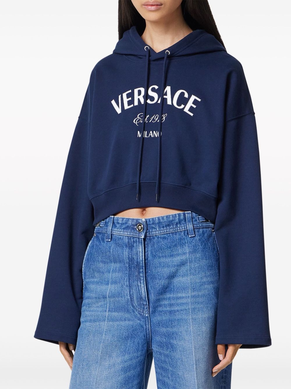 logo-embroidered drawstring cropped hoodie - 2