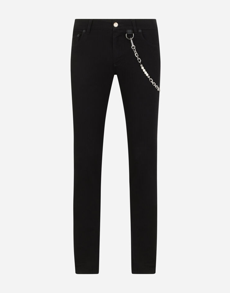 Black skinny stretch jeans with metal keychain - 3