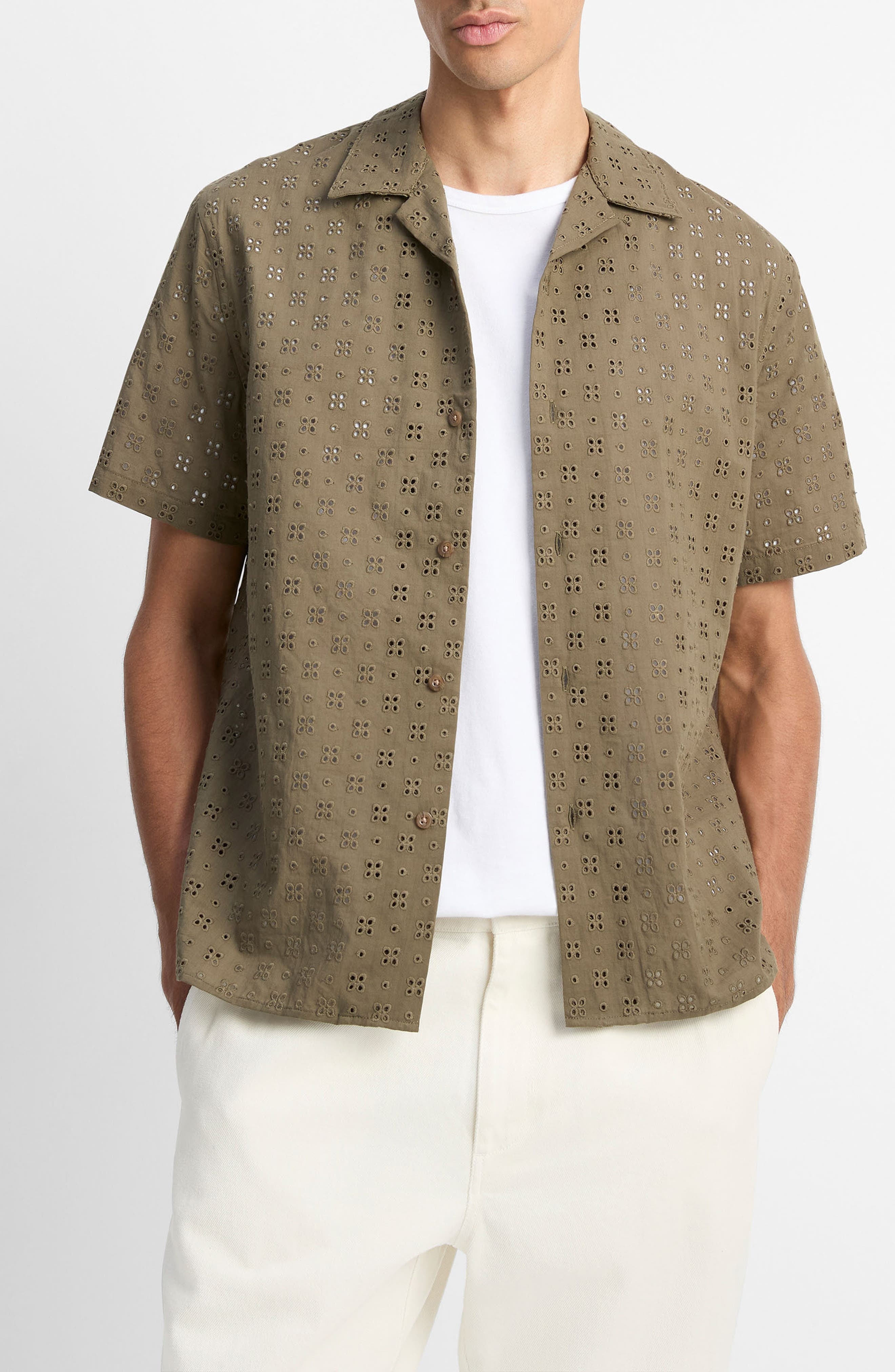 Vince Floral Eyelet Cotton Camp Shirt in Dome at Nordstrom - 1