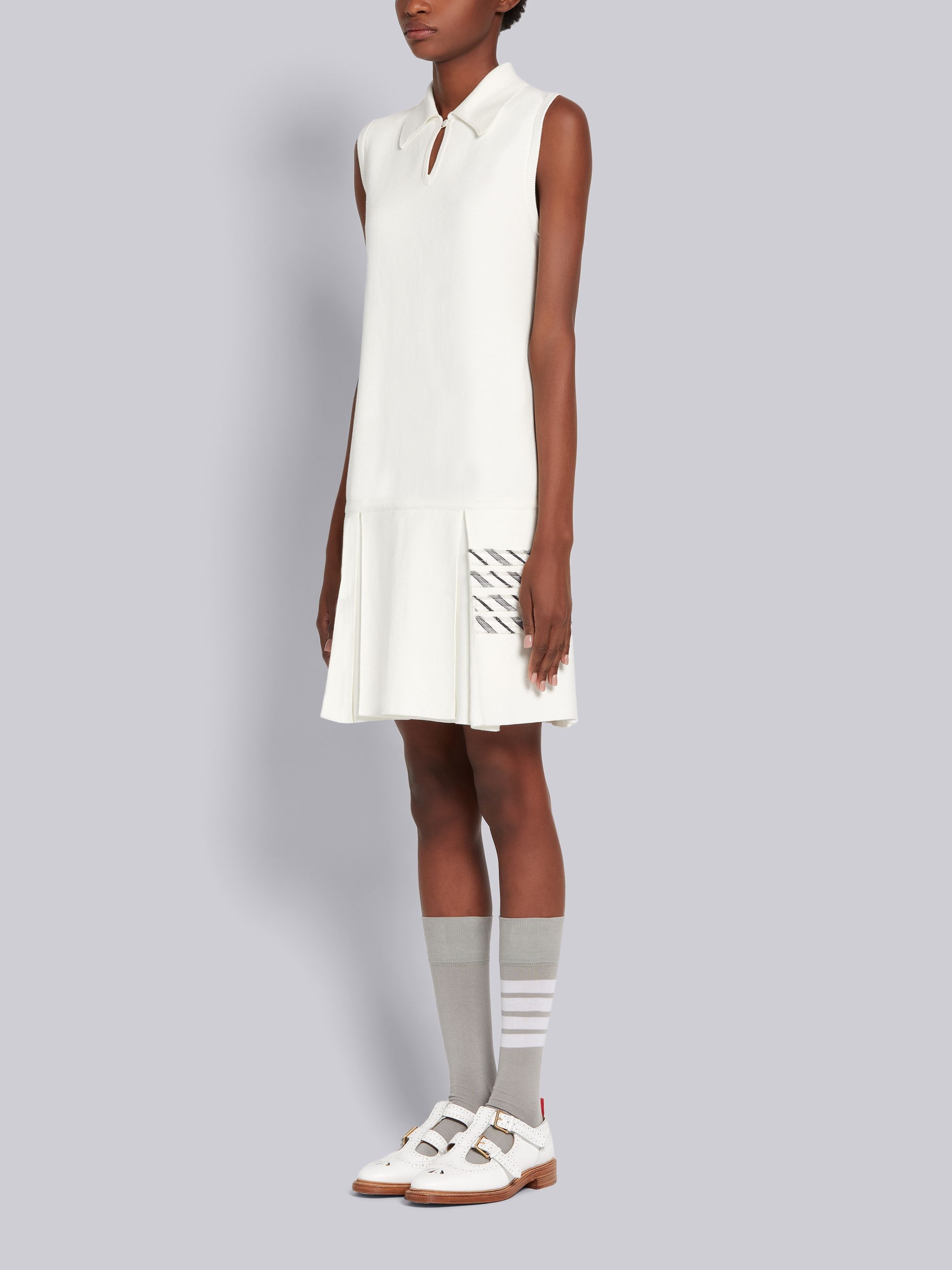 White Cotton Milano Stitch Silk Rep 4-Bar Stripe Sleeveless Pleated Polo Dress - 2