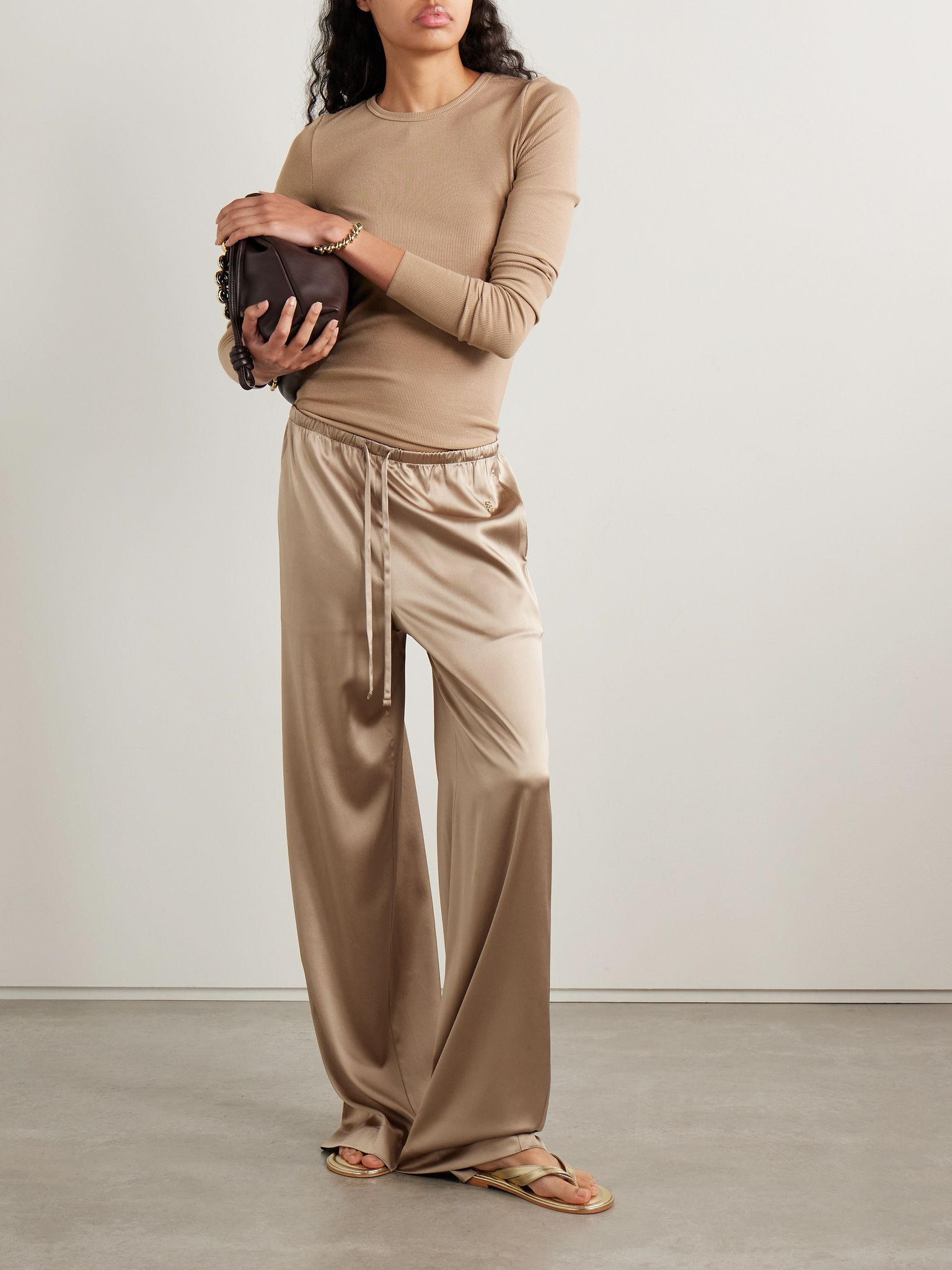 Brody silk-blend satin wide-leg pants Camel - 2