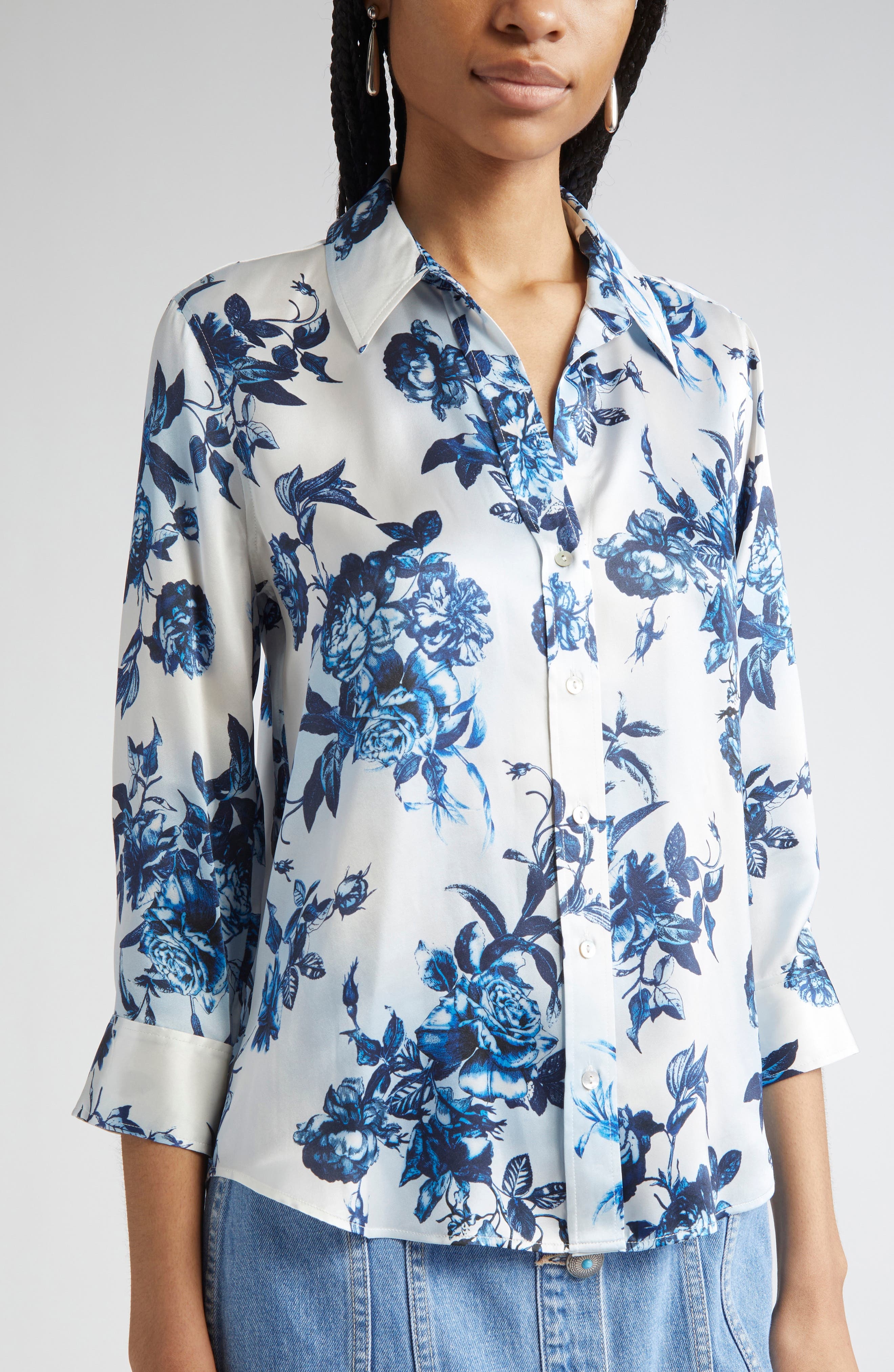 L'AGENCE Dani Floral Silk Button-Up Shirt in White/Blue Painterly Floral at Nordstrom - 5