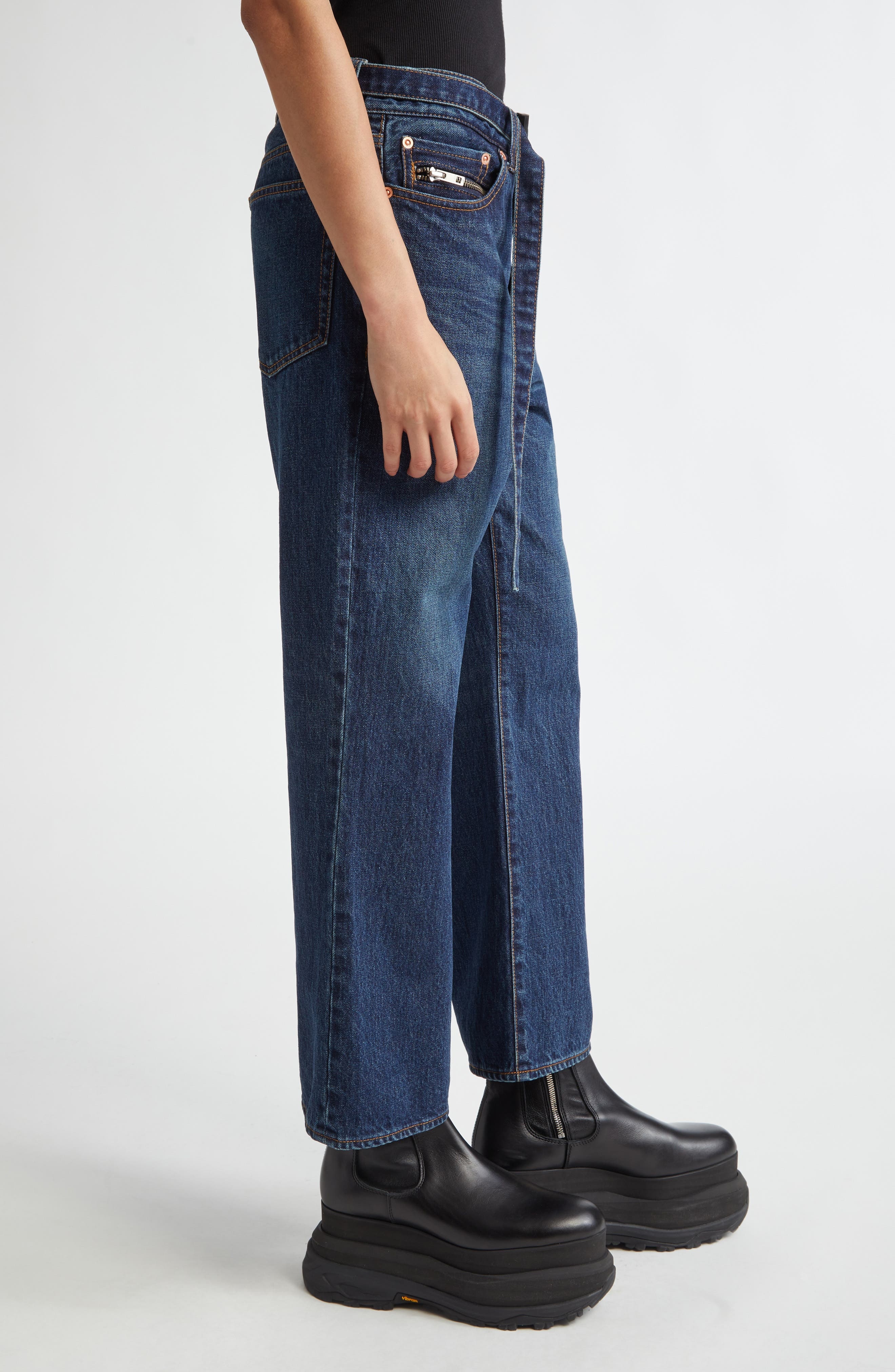 Sacai Belted Crop Bootcut Jeans in Blue at Nordstrom - 3