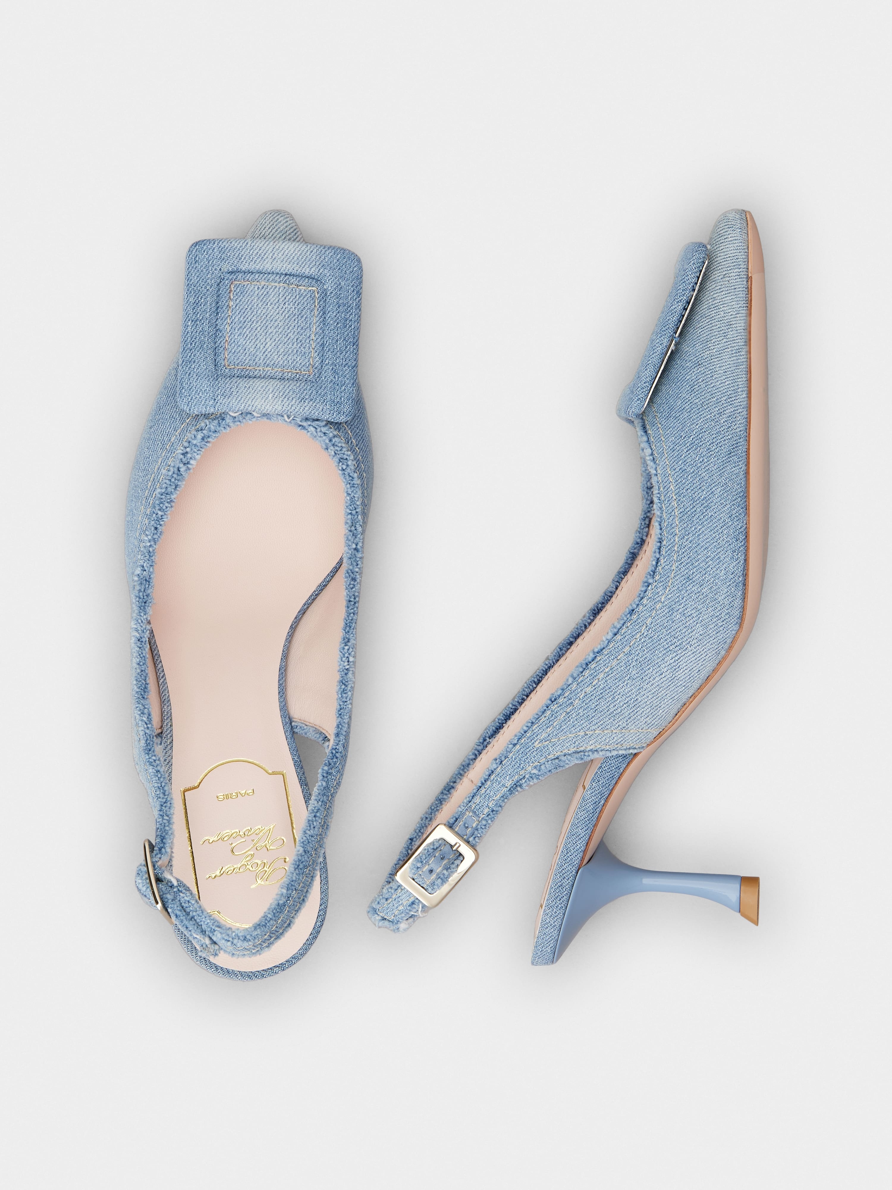 Roger Vivier Fringed Covered Buckle Slingback Pumps in Denim