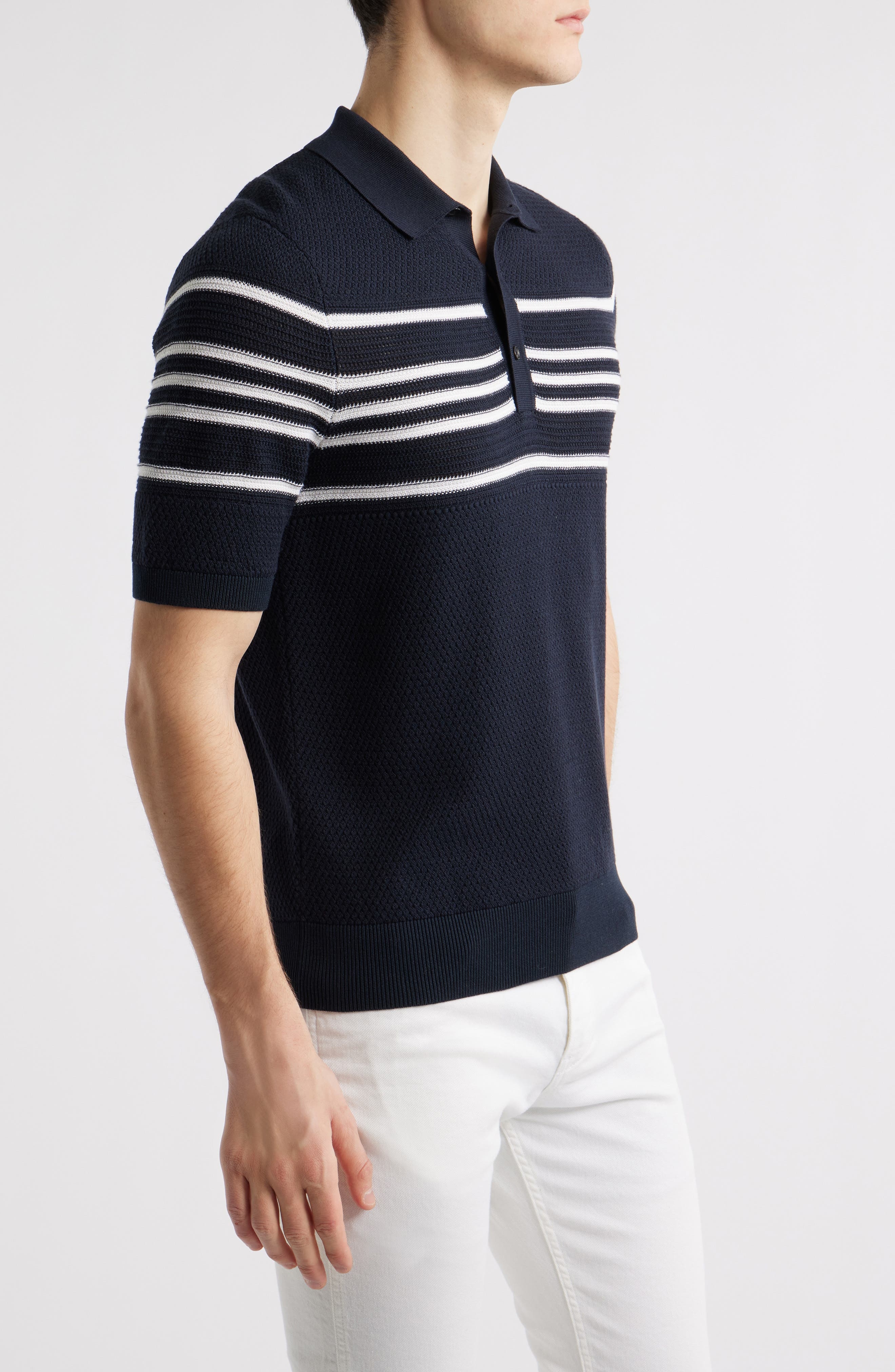 BOSS Jiuseppe Silk & Cotton Polo in Dark Blue at Nordstrom - 3
