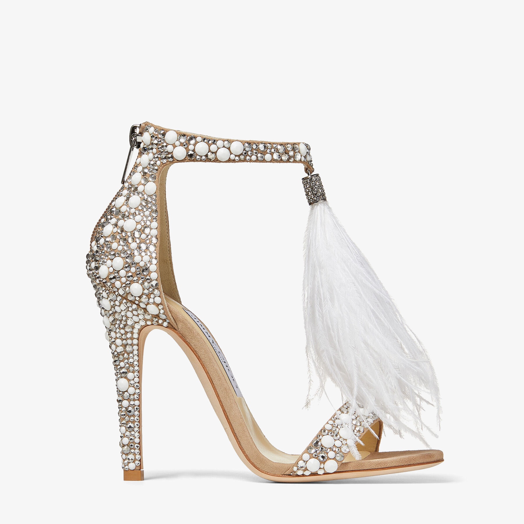JIMMY CHOO Viola 110 White Suede Sandals with Hotfix Crystals and