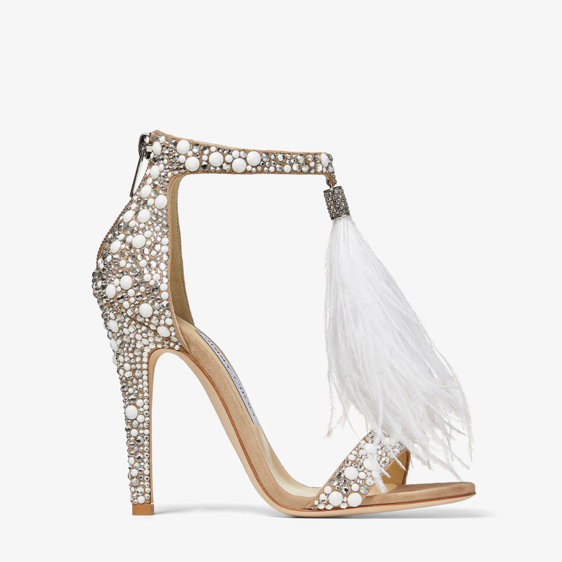 Viola 110 White Suede Sandals with Hotfix Crystals and Ostrich Feather Tassel 1