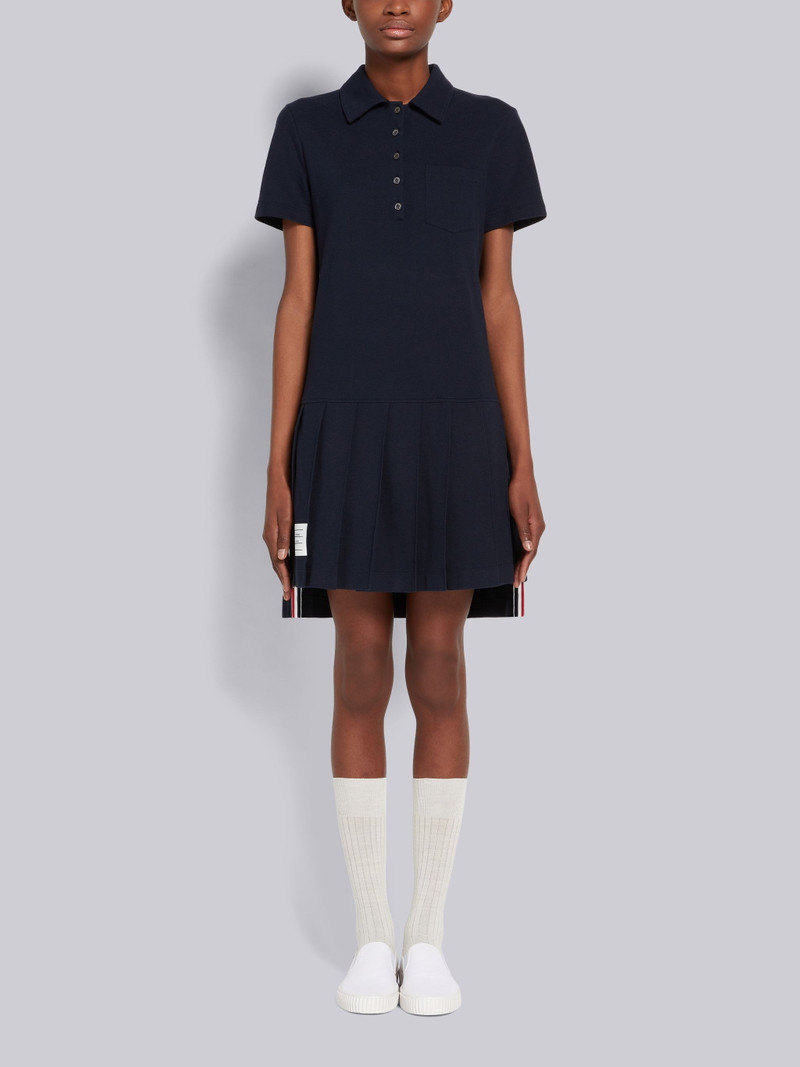 Navy Classic Pique Short Sleeve Knee Length Pleated Polo Dress - 1